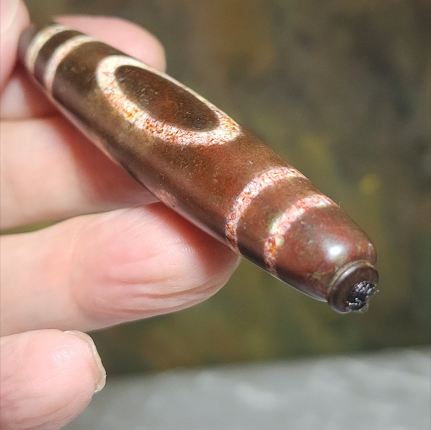 Rare 8cm Aged Tibetan Xang Xung special totem One Eye Two Benefactor Saviors Dzi pendant with red spots (with certificate) 藏传老矿满朱砂特殊图腾一眼双贵人天珠(带证书)