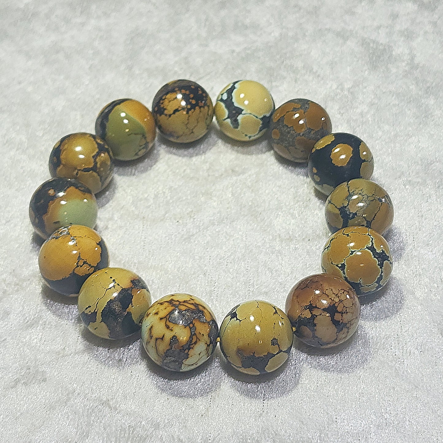 Gegegems Collection 16mm+ Premium natural untreated Hubei Turquoise Cai Zi Huang high density smooth surface round beads bracelet 精品大尺寸天然原矿湖北松石菜籽黄高瓷光滑圆珠手链
