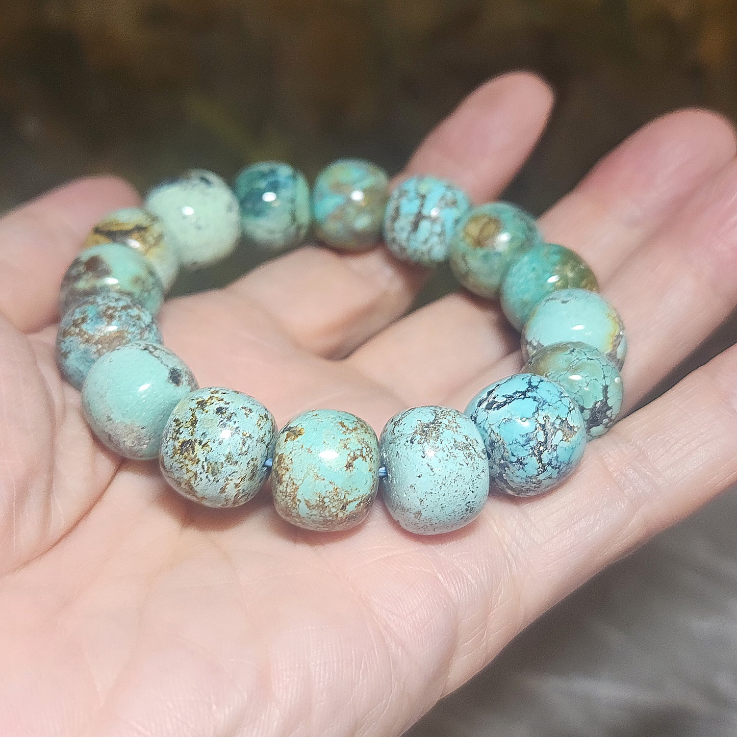 14mm+ Premium natural untreated Hubei Turquoise high density smooth surface traditional old style beads bracelet 精品大尺寸天然原矿湖北松石高瓷光滑老型珠手链