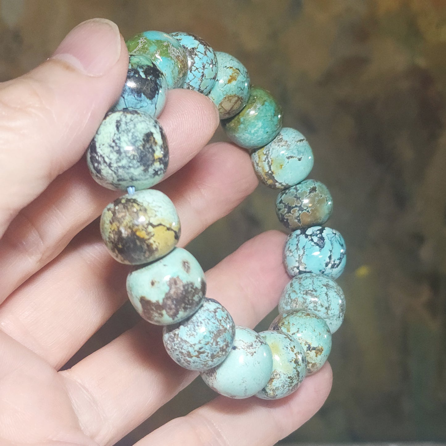 14mm+ Premium natural untreated Hubei Turquoise high density smooth surface traditional old style beads bracelet 精品大尺寸天然原矿湖北松石高瓷光滑老型珠手链