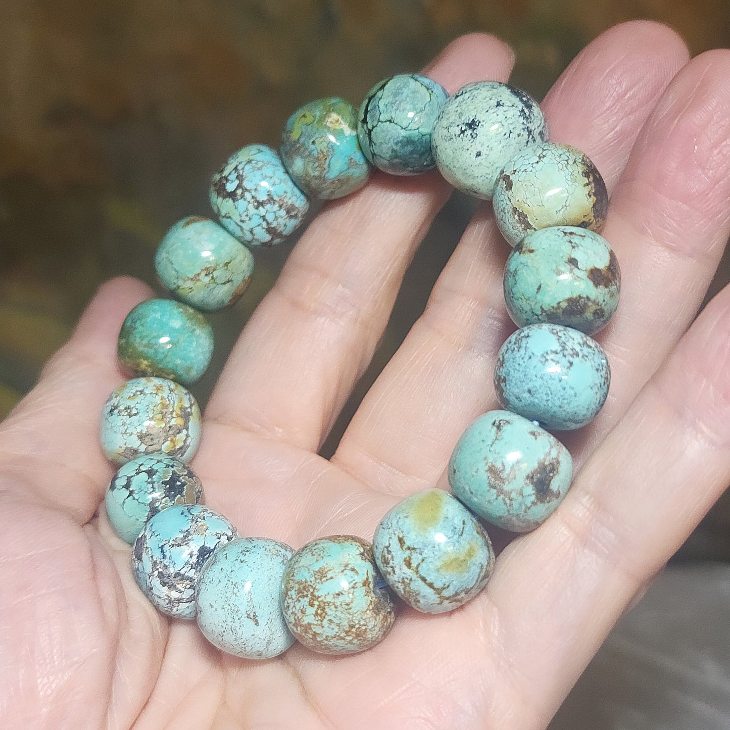 14mm+ Premium natural untreated Hubei Turquoise high density smooth surface traditional old style beads bracelet 精品大尺寸天然原矿湖北松石高瓷光滑老型珠手链