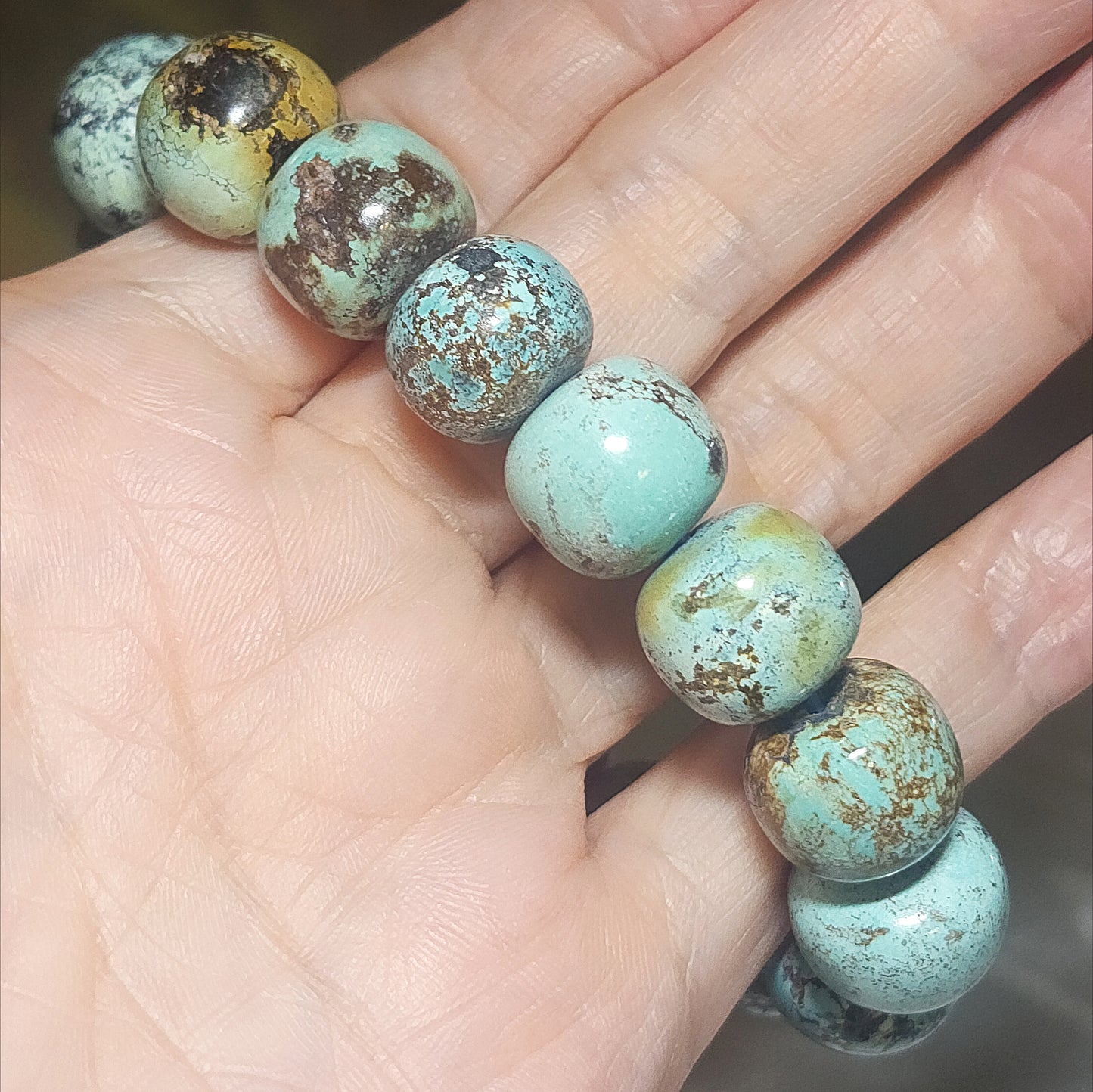 14mm+ Premium natural untreated Hubei Turquoise high density smooth surface traditional old style beads bracelet 精品大尺寸天然原矿湖北松石高瓷光滑老型珠手链