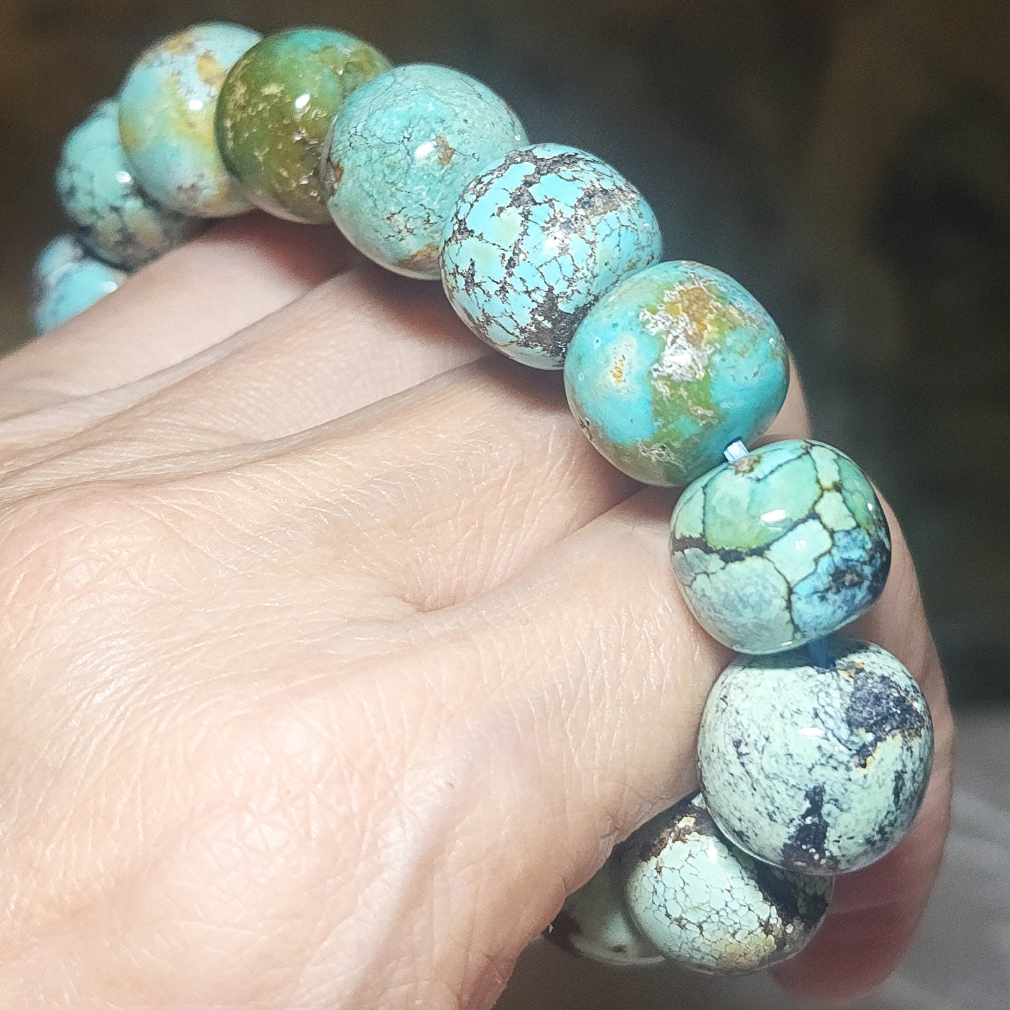 14mm+ Premium natural untreated Hubei Turquoise high density smooth surface traditional old style beads bracelet 精品大尺寸天然原矿湖北松石高瓷光滑老型珠手链