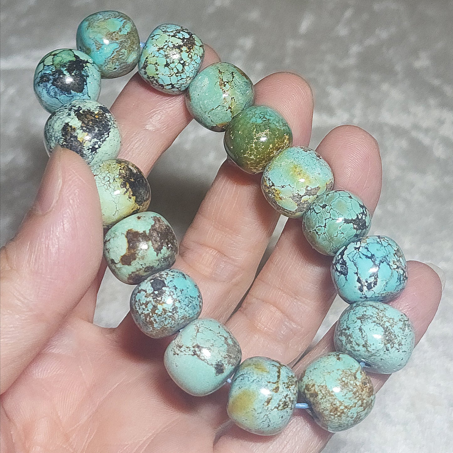 14mm+ Premium natural untreated Hubei Turquoise high density smooth surface traditional old style beads bracelet 精品大尺寸天然原矿湖北松石高瓷光滑老型珠手链