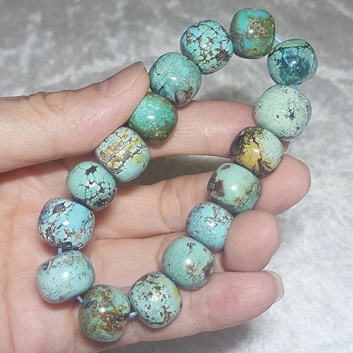 14mm+ Premium natural untreated Hubei Turquoise high density smooth surface traditional old style beads bracelet 精品大尺寸天然原矿湖北松石高瓷光滑老型珠手链