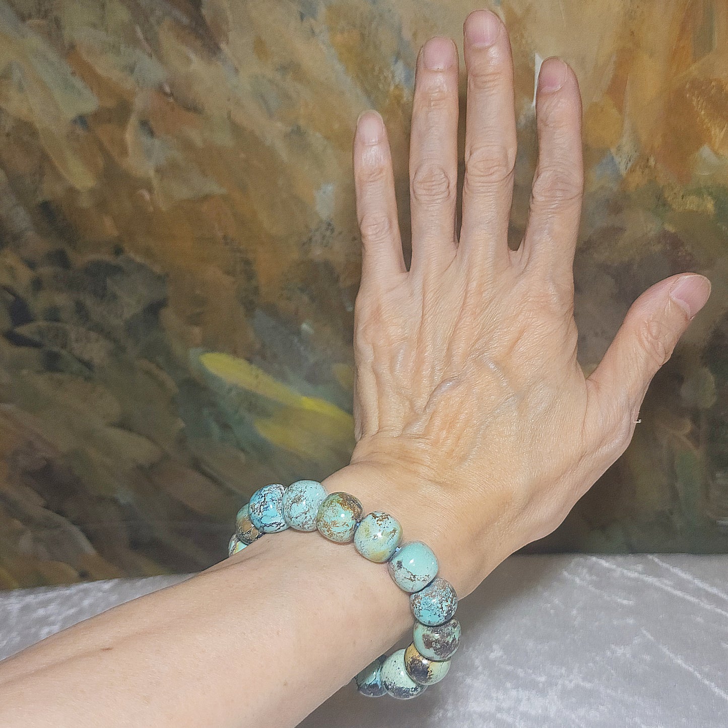 14mm+ Premium natural untreated Hubei Turquoise high density smooth surface traditional old style beads bracelet 精品大尺寸天然原矿湖北松石高瓷光滑老型珠手链