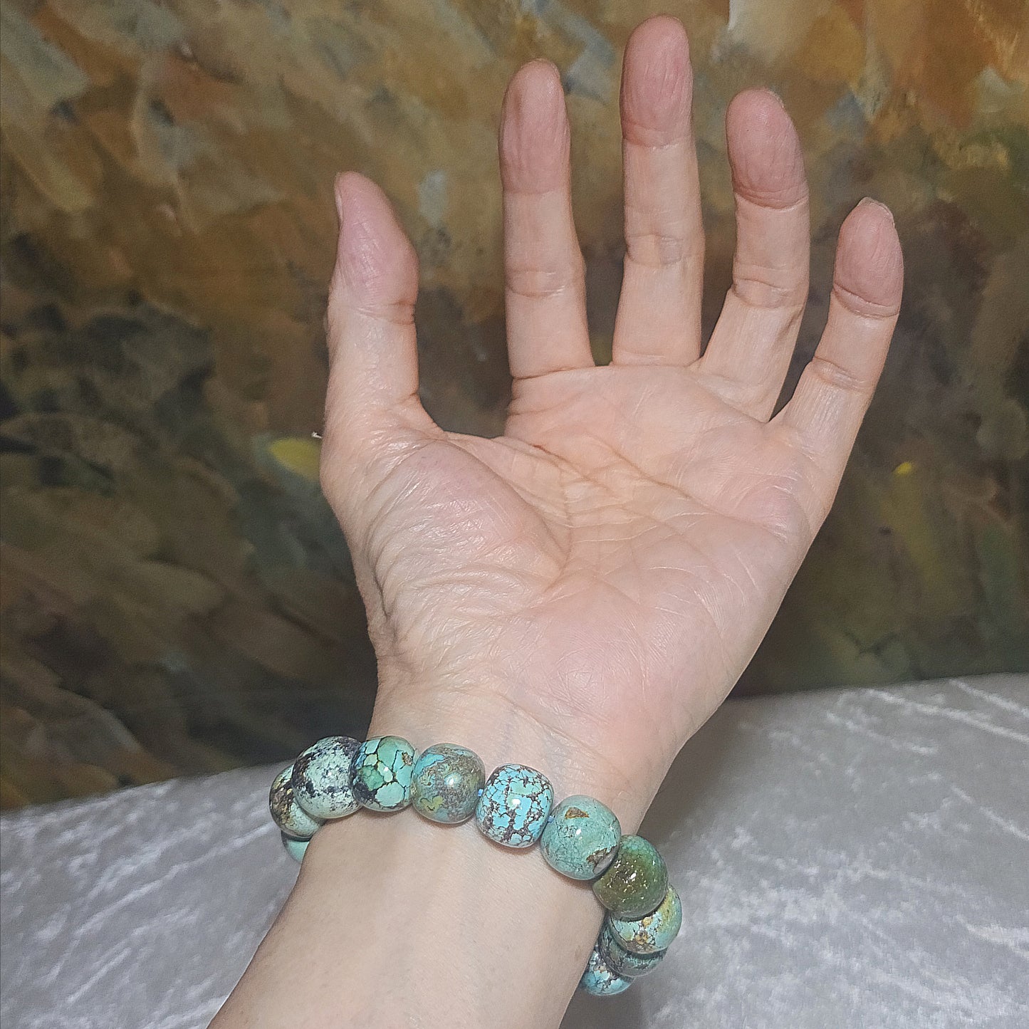 14mm+ Premium natural untreated Hubei Turquoise high density smooth surface traditional old style beads bracelet 精品大尺寸天然原矿湖北松石高瓷光滑老型珠手链