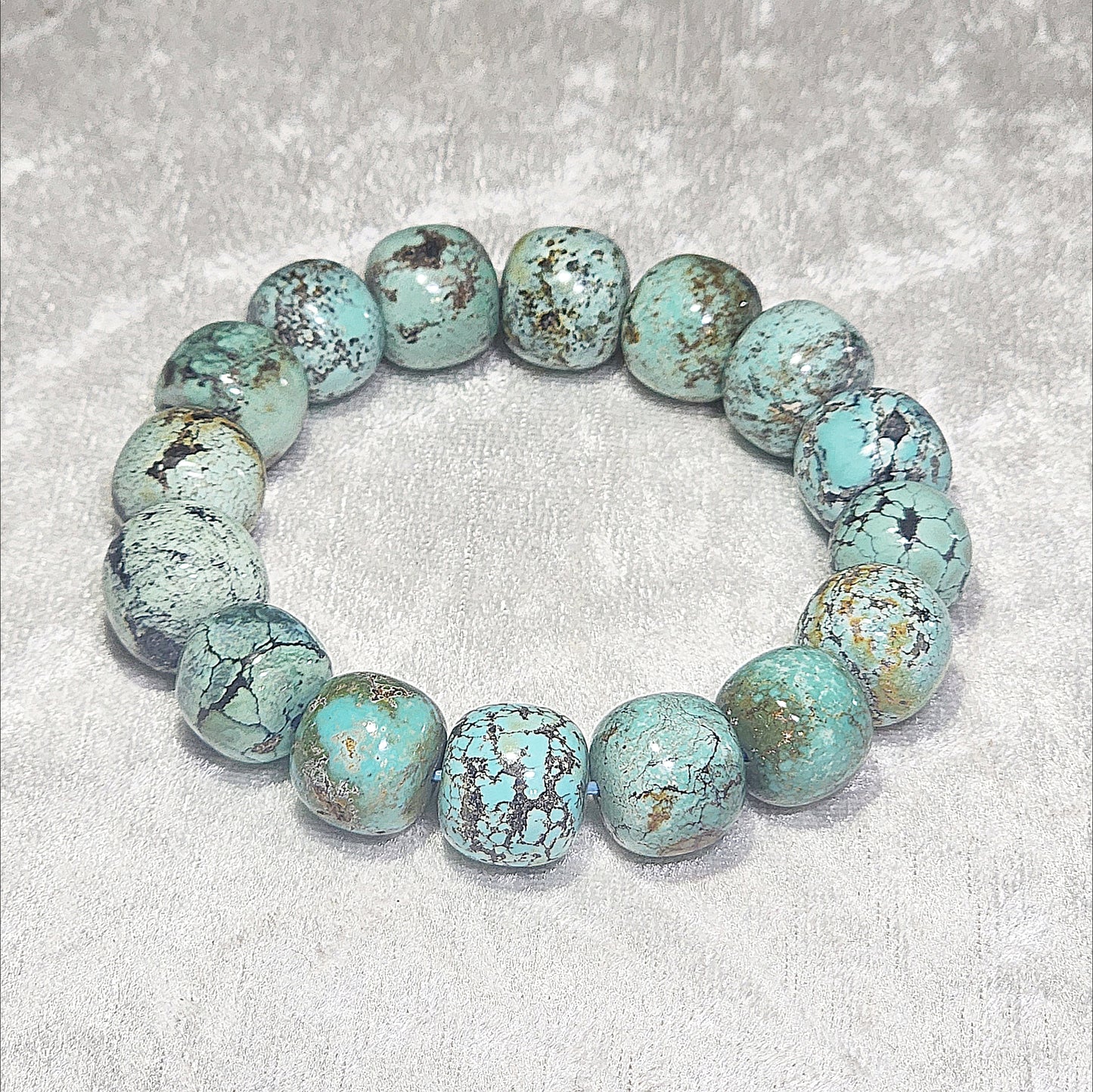 14mm+ Premium natural untreated Hubei Turquoise high density smooth surface traditional old style beads bracelet 精品大尺寸天然原矿湖北松石高瓷光滑老型珠手链