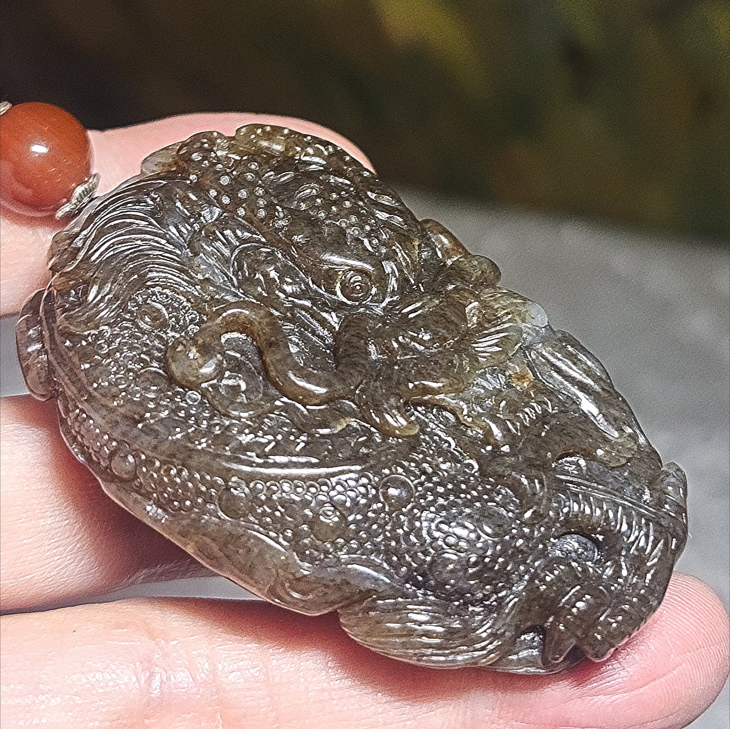 Premium Nephrite deep caramel & white hand carved 3 dimensional Dragon & Peanut handheld large pendant (with certificate) 精品且末和田玉糖白生意兴隆(龙、花生)手把件(带证书)