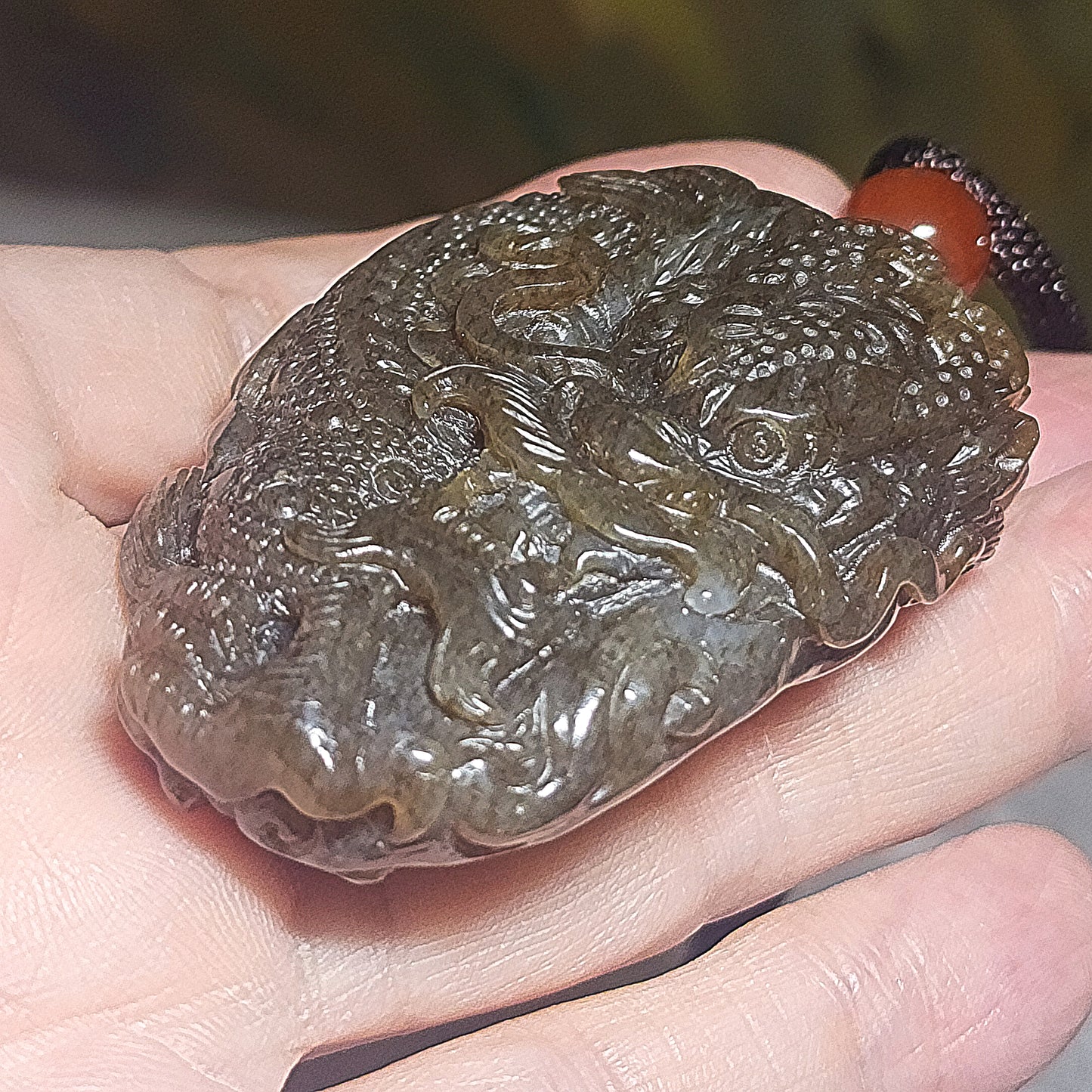 Premium Nephrite deep caramel & white hand carved 3 dimensional Dragon & Peanut handheld large pendant (with certificate) 精品且末和田玉糖白生意兴隆(龙、花生)手把件(带证书)