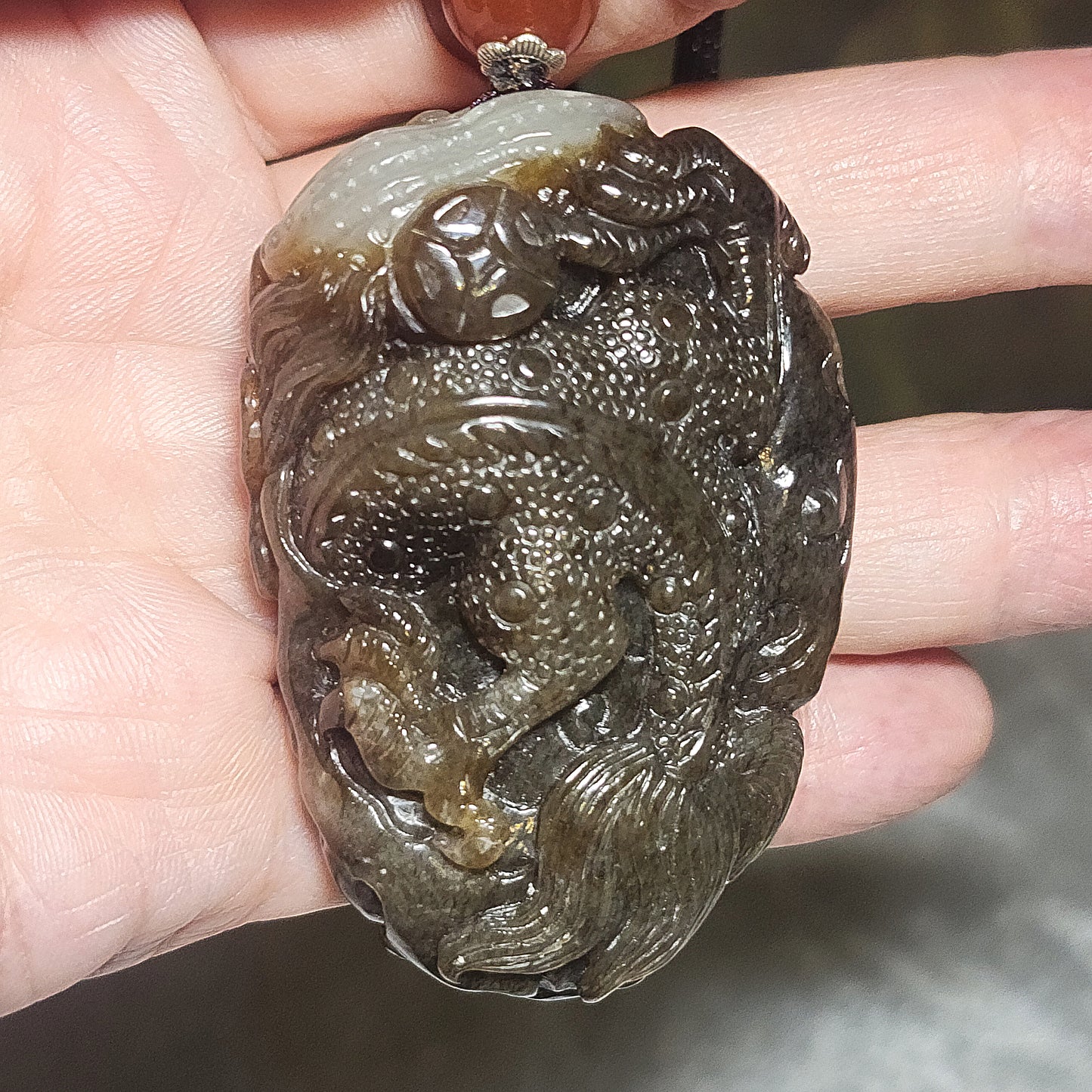 Premium Nephrite deep caramel & white hand carved 3 dimensional Dragon & Peanut handheld large pendant (with certificate) 精品且末和田玉糖白生意兴隆(龙、花生)手把件(带证书)