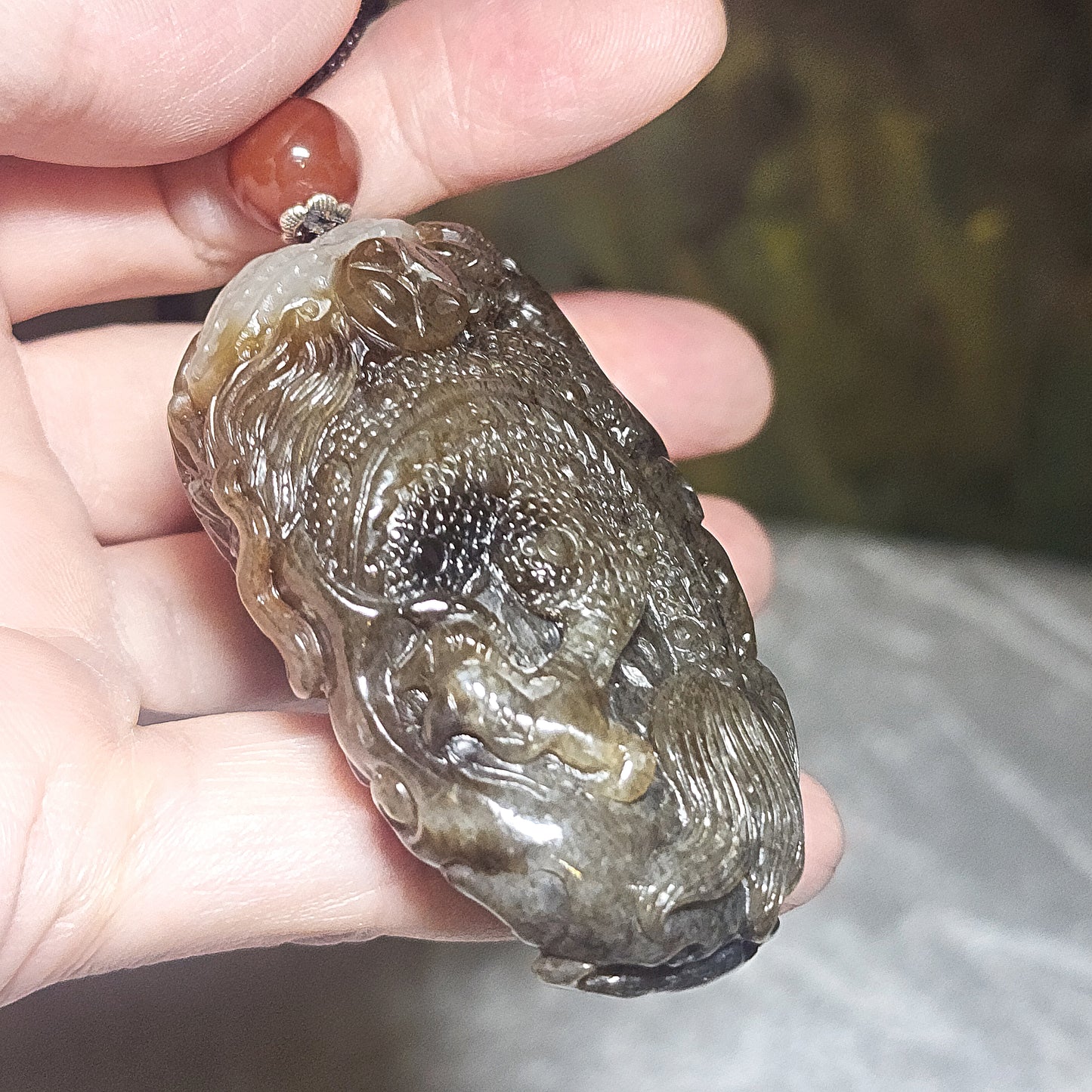 Premium Nephrite deep caramel & white hand carved 3 dimensional Dragon & Peanut handheld large pendant (with certificate) 精品且末和田玉糖白生意兴隆(龙、花生)手把件(带证书)