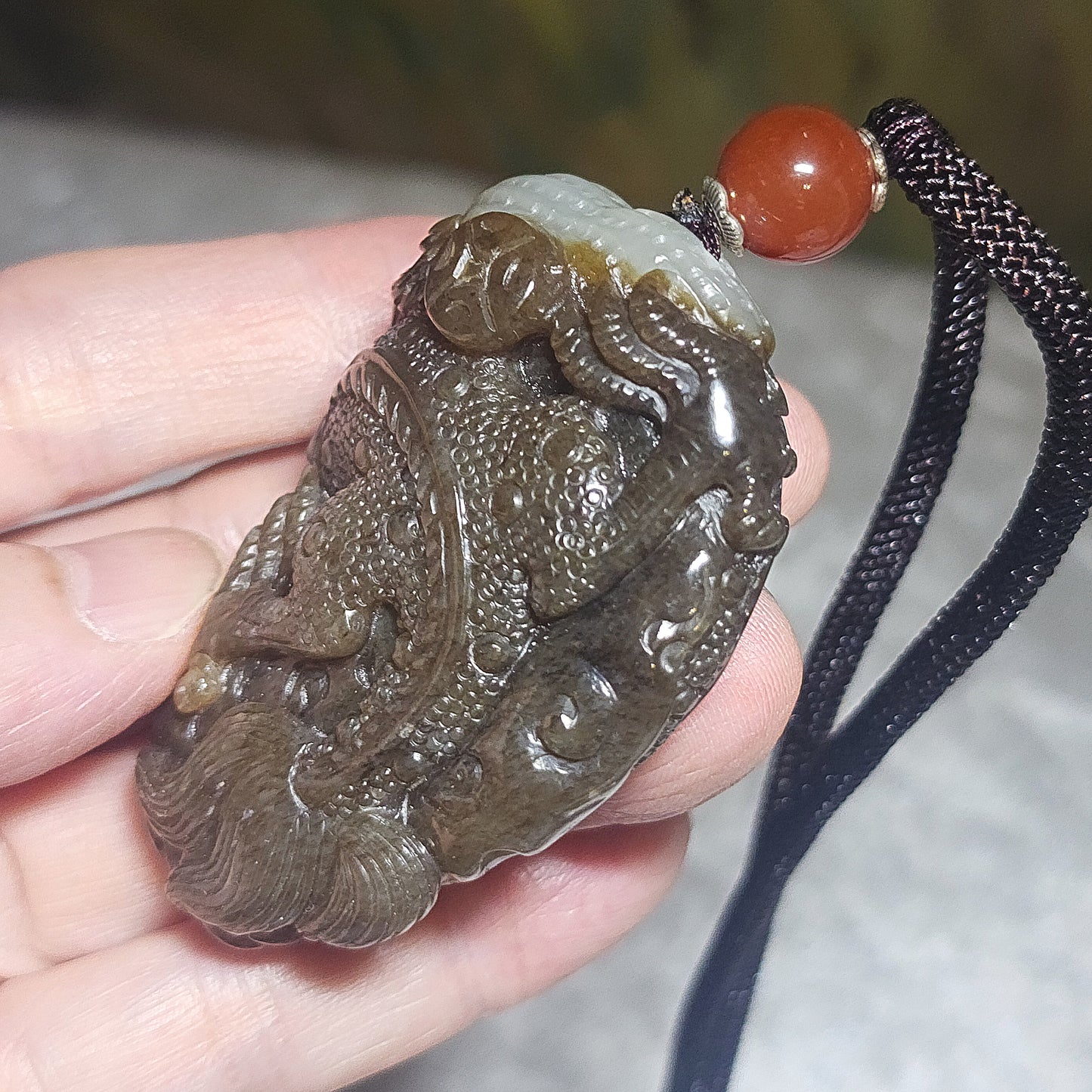 Premium Nephrite deep caramel & white hand carved 3 dimensional Dragon & Peanut handheld large pendant (with certificate) 精品且末和田玉糖白生意兴隆(龙、花生)手把件(带证书)