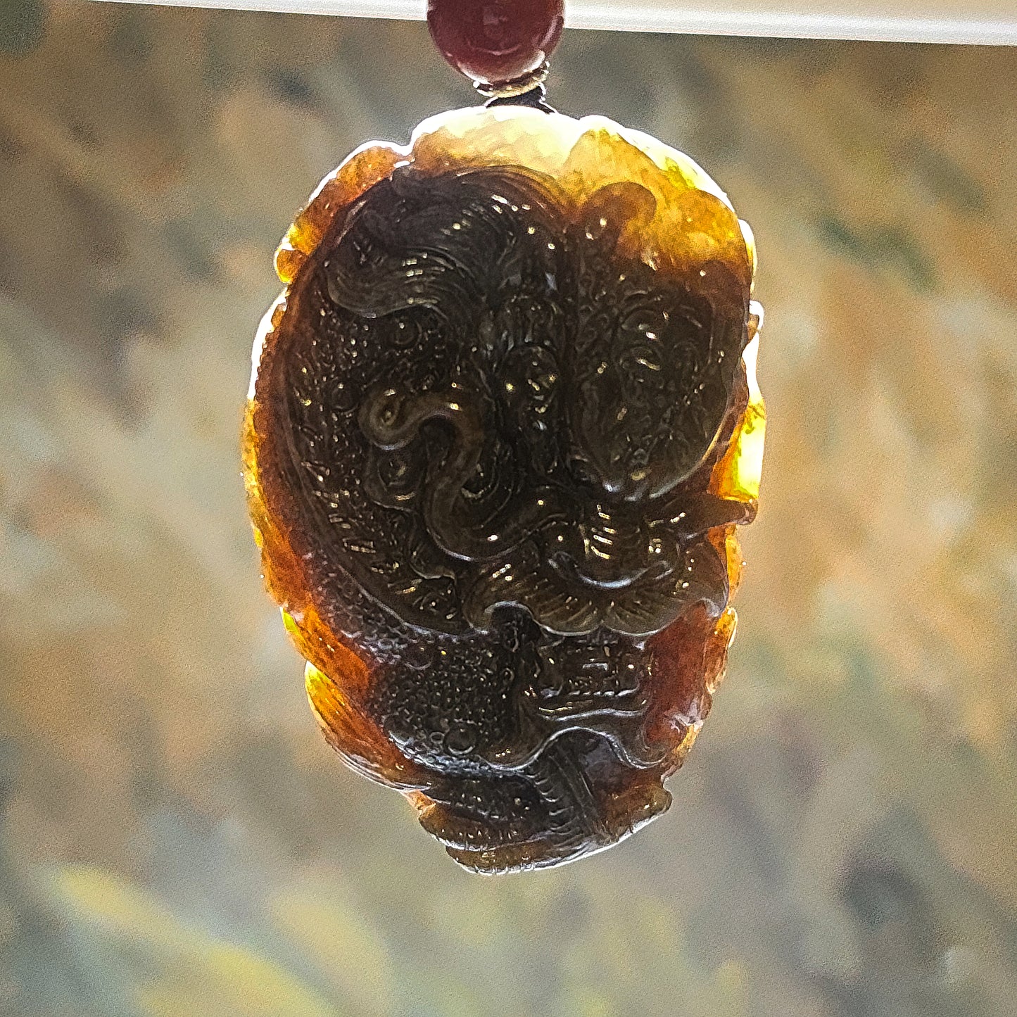 Premium Nephrite deep caramel & white hand carved 3 dimensional Dragon & Peanut handheld large pendant (with certificate) 精品且末和田玉糖白生意兴隆(龙、花生)手把件(带证书)