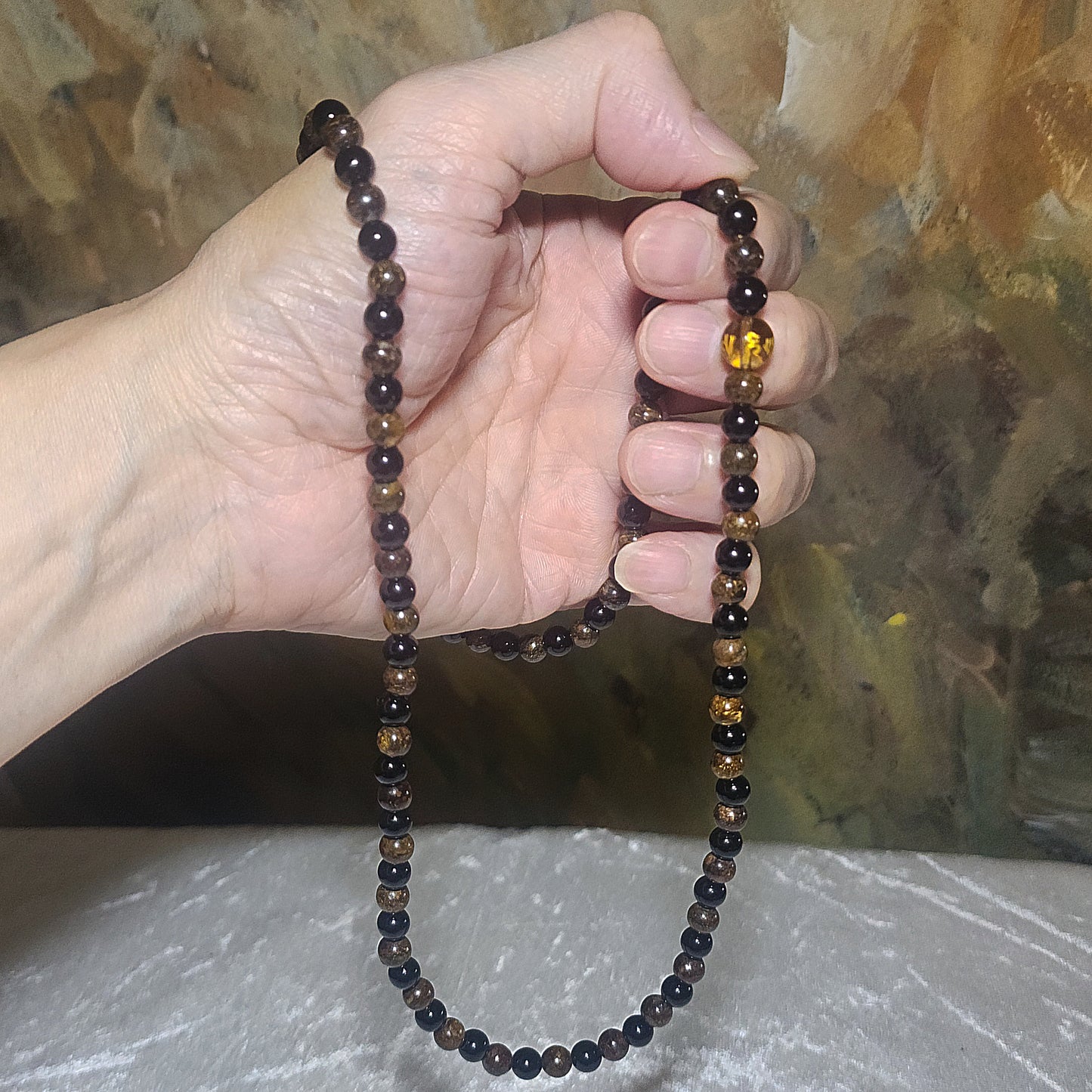 Gegegems Creation 6mm Black Tourmaline Bronzite 8mm Smoky Quartz 108 mala necklace 精品黑碧玺古铜辉配茶水晶六字真言108念珠项链