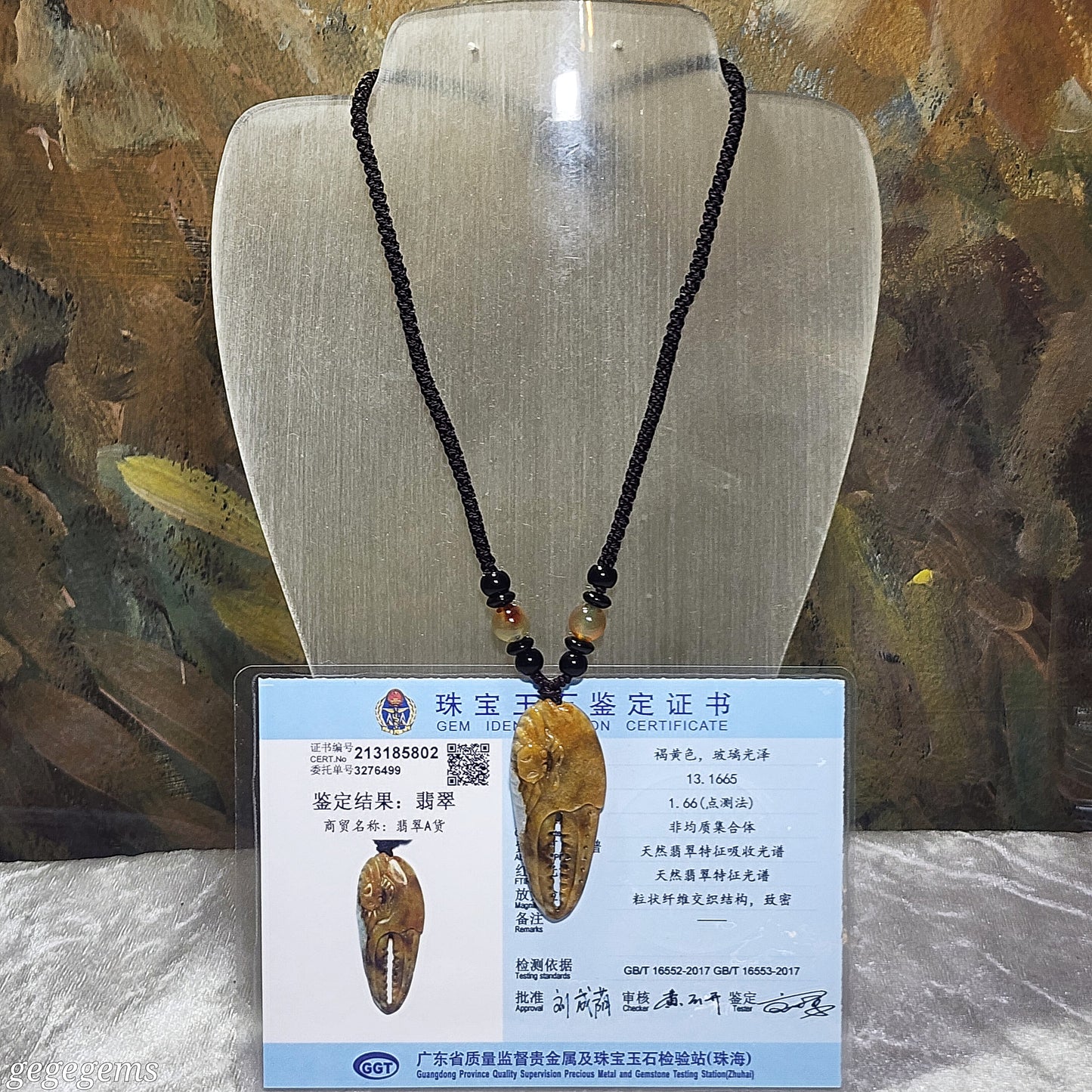 Gegegems Collection premium Type A Yellow Jadeite Crab Crab Claw Coins jade pendant (with certificate) 精品翡翠天然黄翡招财守财蟹铜钱蟹钳吊坠(带证书)