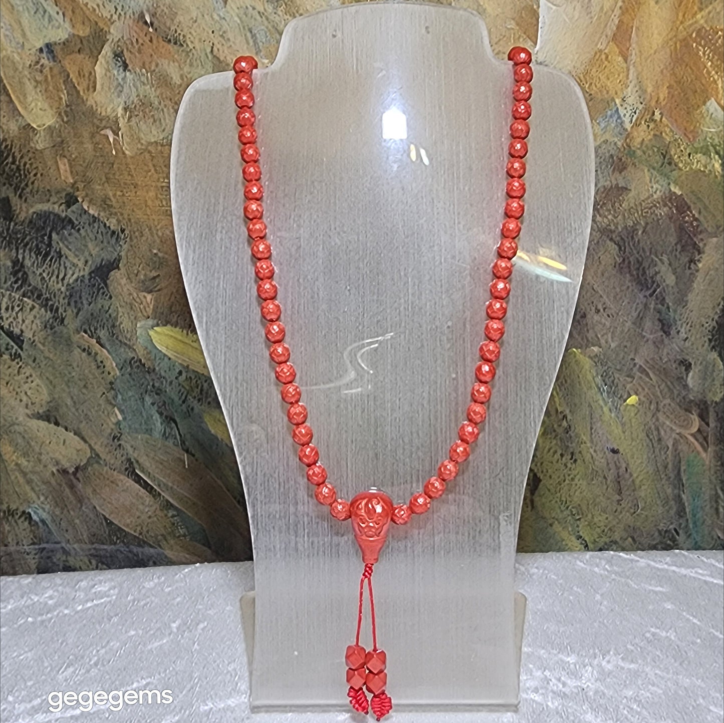 Gegegems purest natural Cinnabar 108 mala necklace (6.6mm Lotus 7.5mm Tang Balang and 22mm Pi Xiu hulu centrepiece) 精品原矿朱砂雕刻莲花配同料貔貅三通唐八棱108念珠项链
