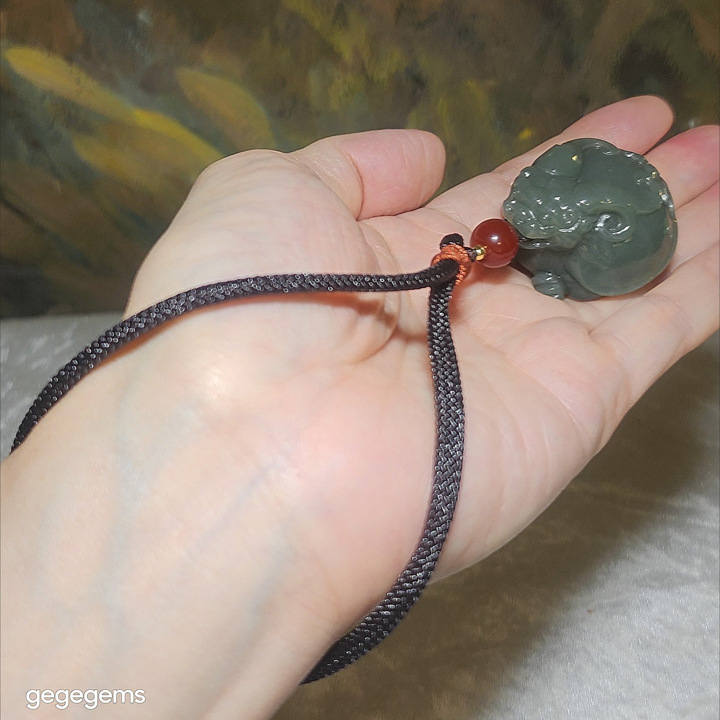 Premium Nephrite good greasiness light green with some caramel brown 3 dimensional Dragon Tortoise Jade handheld large pendant (with certificate) 优质和田玉且末青白糖油润立体龙龟手把大吊坠(带证书)