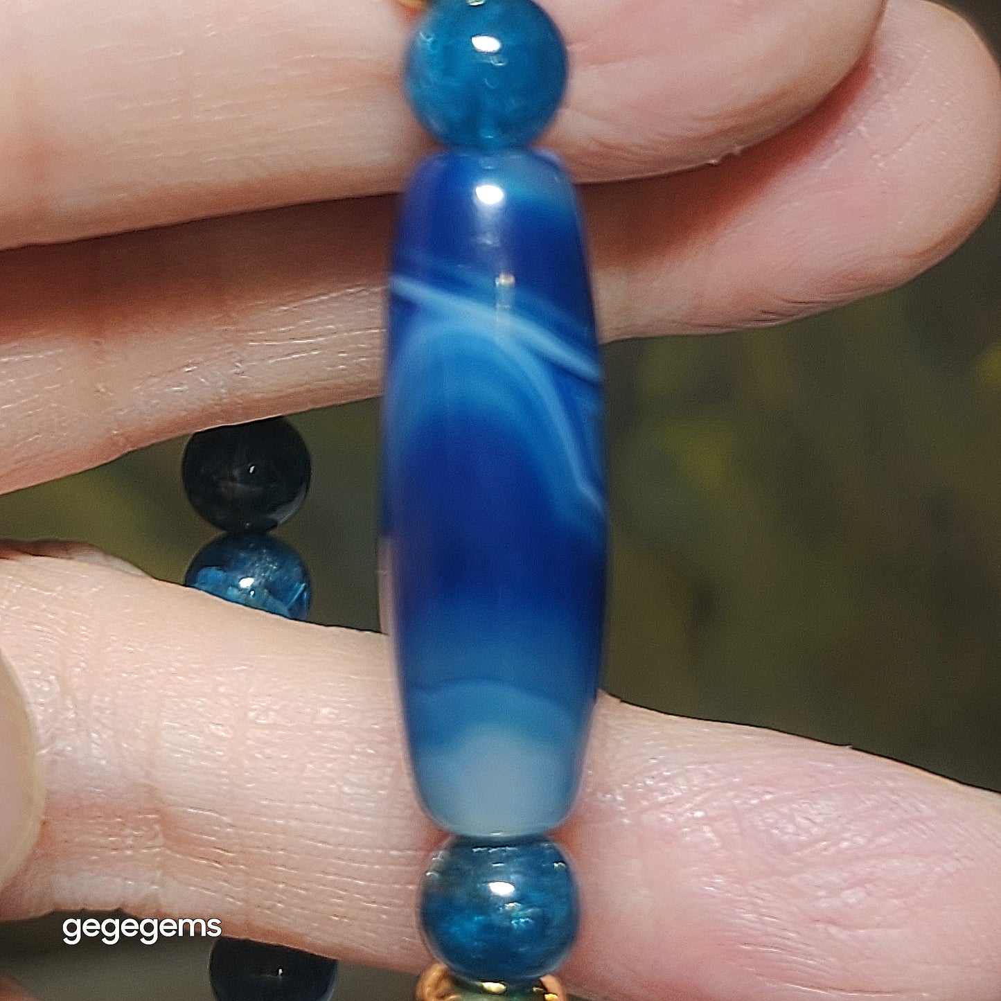 Gegegems Creation Blue Sardonyx natural Eye Vajra Eye Dzi and 7.3mm blue Apatite Bracelet 缠丝玛瑙天眼金刚眼天珠蓝磷灰石手链