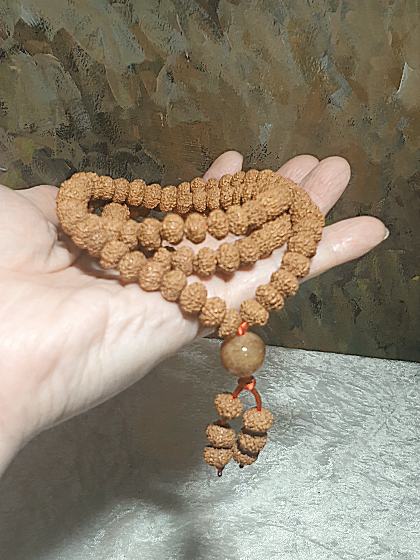 9.5mm 9-Mukhi (Faces) abacus shape Rudraksha with 14mm Yellow Jadeite 108 mala beads/necklace 9.5毫米九瓣飞碟小金刚菩提配14毫米黄翡108念珠/项链