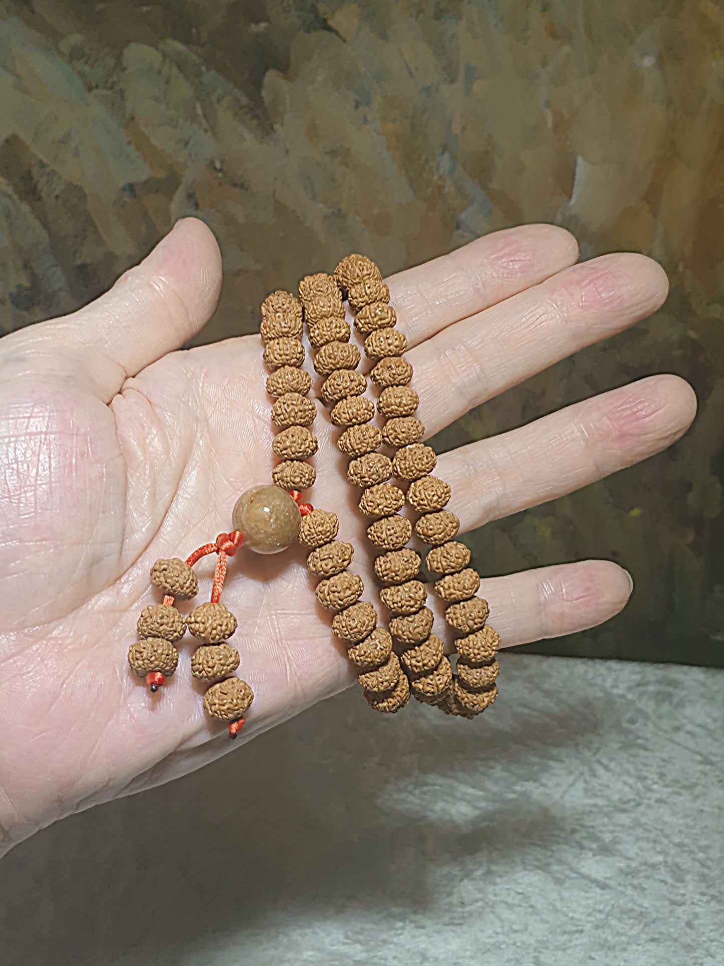 9.5mm 9-Mukhi (Faces) abacus shape Rudraksha with 14mm Yellow Jadeite 108 mala beads/necklace 9.5毫米九瓣飞碟小金刚菩提配14毫米黄翡108念珠/项链