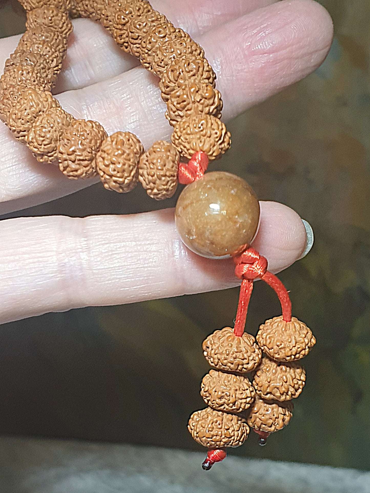 9.5mm 9-Mukhi (Faces) abacus shape Rudraksha with 14mm Yellow Jadeite 108 mala beads/necklace 9.5毫米九瓣飞碟小金刚菩提配14毫米黄翡108念珠/项链