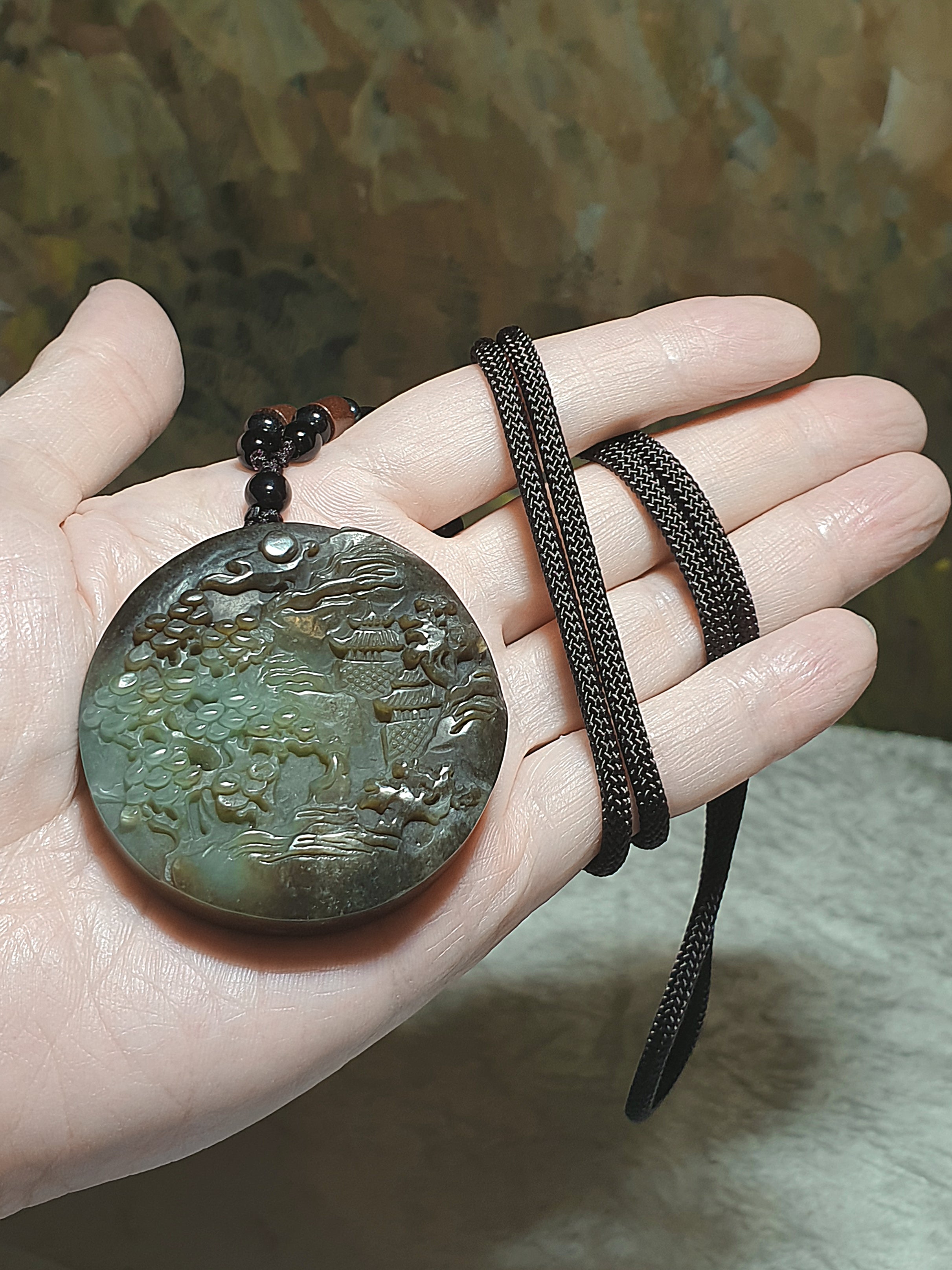 Premium Nephrite deep caramel brown light green Ancient Landscape large  Jade pendant/handheld (with certificate) [Natural Crystal] 