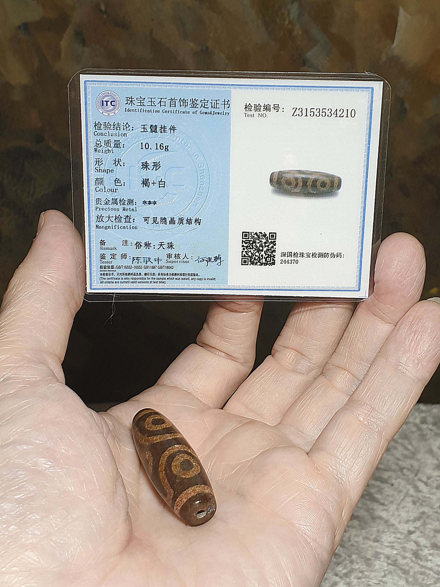 39.8mm Aged Tibetan Xang Xung (Zhang Zhung) Visvavajra 6 Eyes Dzi with red spots (with certificate, necklace string) 39.8毫米西藏老矿象雄满朱砂十字金刚六眼天珠(带证书送项链绳)