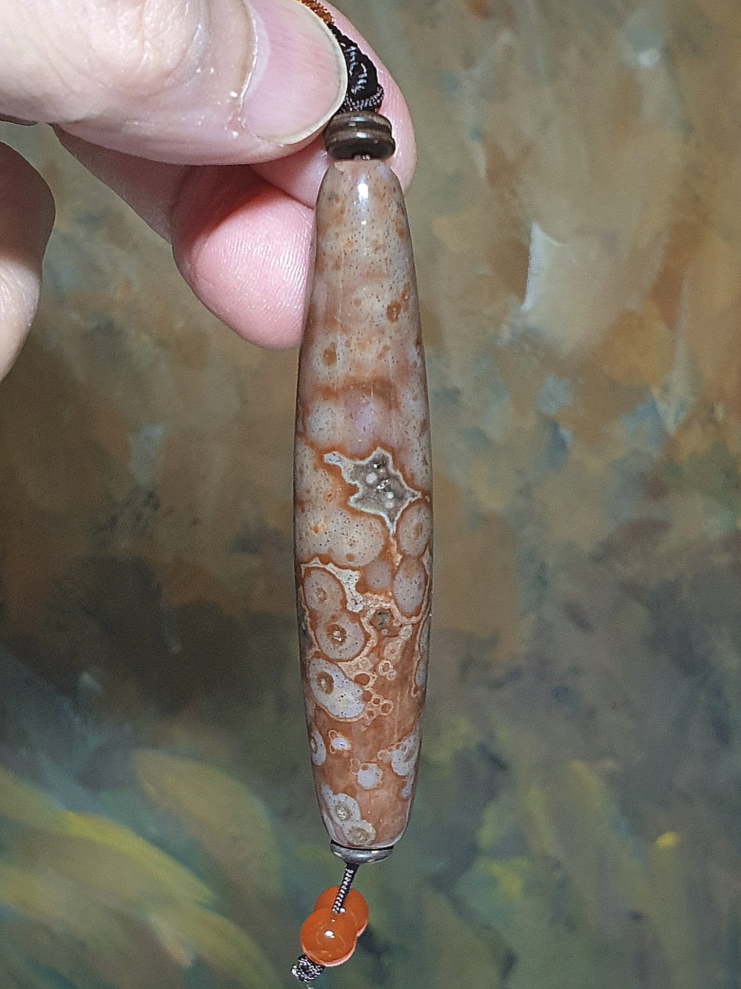 75mm Aged Tibetan Xang Xung (Zhang Zhung) Natural Eyes ("Heavenly Eyes") Dzi with lots of very fine red spots pendant (with certificate, necklace string) 75毫米西藏老矿象雄满细朱砂天眼天珠吊坠(带证书)