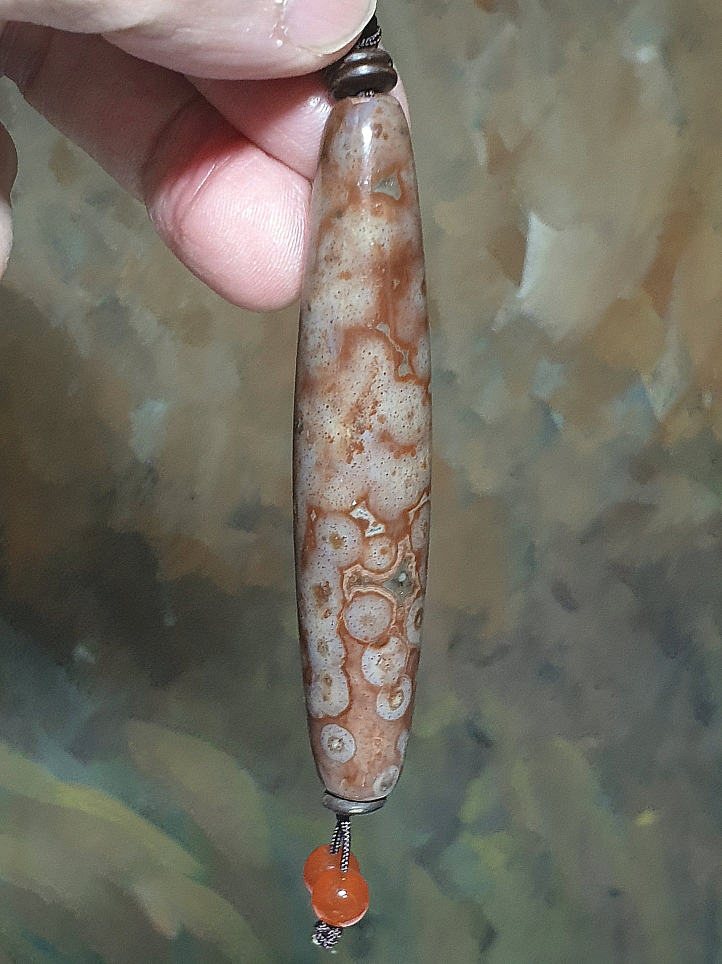 75mm Aged Tibetan Xang Xung (Zhang Zhung) Natural Eyes ("Heavenly Eyes") Dzi with lots of very fine red spots pendant (with certificate, necklace string) 75毫米西藏老矿象雄满细朱砂天眼天珠吊坠(带证书)