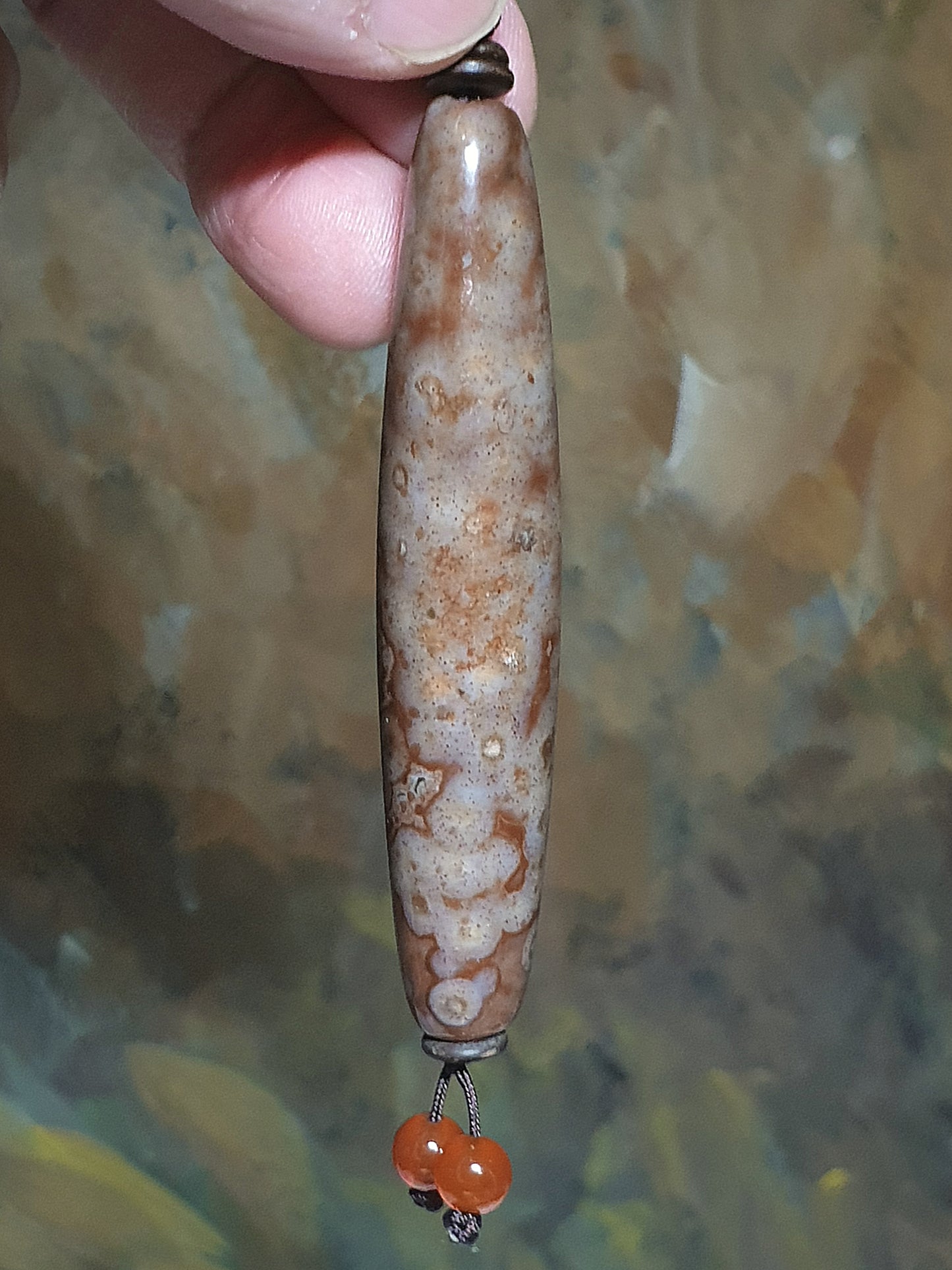 75mm Aged Tibetan Xang Xung (Zhang Zhung) Natural Eyes ("Heavenly Eyes") Dzi with lots of very fine red spots pendant (with certificate, necklace string) 75毫米西藏老矿象雄满细朱砂天眼天珠吊坠(带证书)