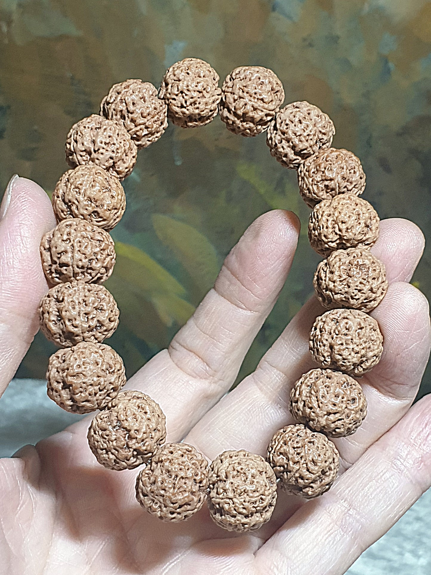 Rare small size 15.5mm Nepal Rudraksha high altitude (dense & high natural oil contents) "Plum Blossom" "honeycomb" 5 Mukhi (faces) bracelet with 2 extra beads 罕见小尺寸15.5毫米尼泊尔大金刚菩提子五瓣高山安娜铁籽梅花蜂窝手链加两颗备籽