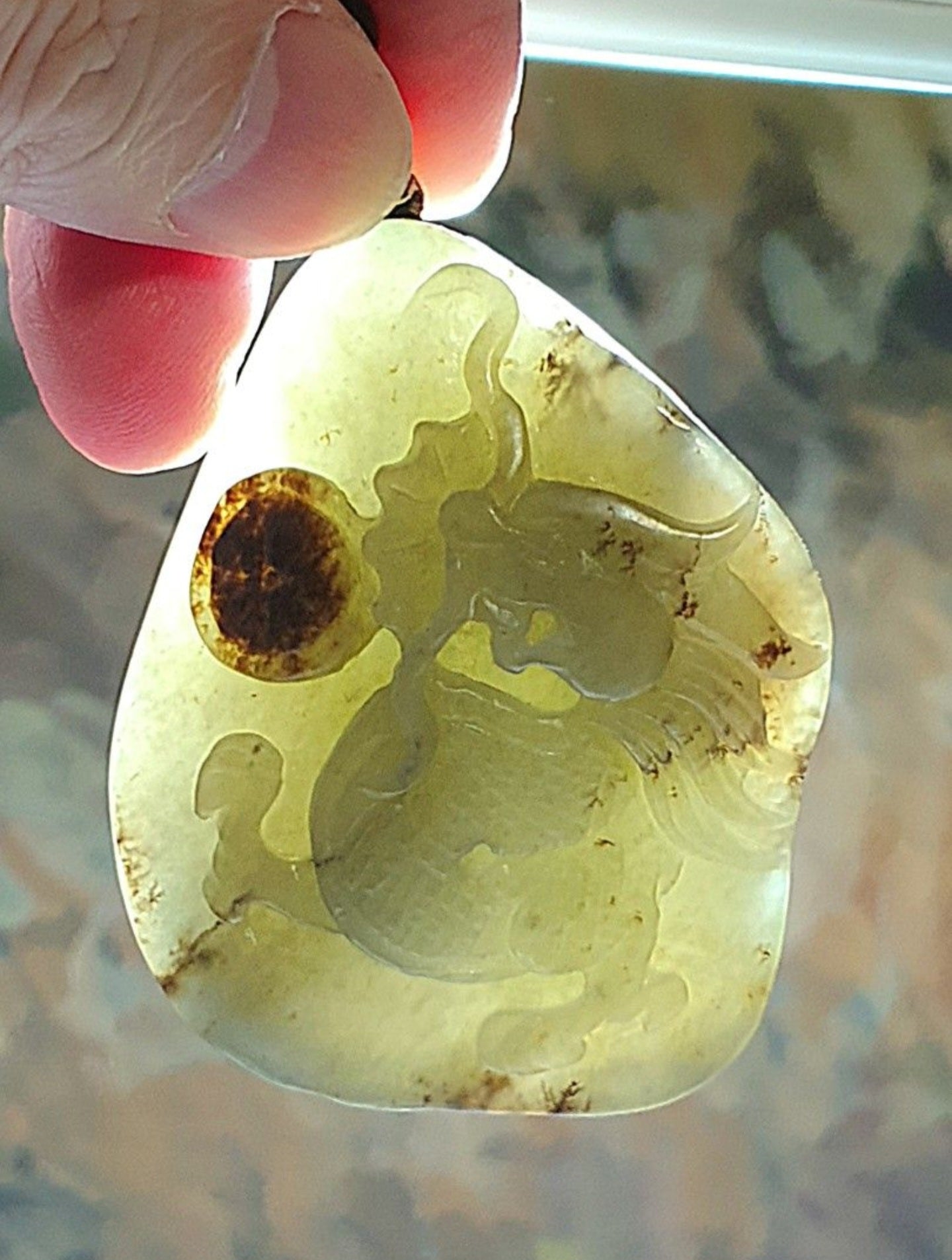 Hetian Pebble Nephrite light green brown "Jade Skin" hand carved Dragon & Copper Coins Jade handheld (with certificate) 和田玉籽玉浅绿黄褐沁手工雕刻龙、铜钱手把(带证书)