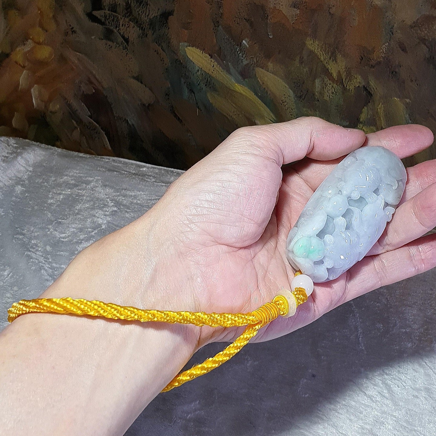 Gegegems Collection premium Type A Jadeite light green light lavender Ruyi & two Goldfish handheld large pendant (with certificate) 精品翡翠淡绿淡紫如意双金鱼手把大吊坠(带证书)