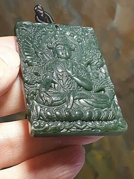 Natural deep greenish Nephrite Green Tara (Guan Yin) & a Dragon Jade pendant (with certificate) 和田玉青玉御龙观音(绿度母)吊坠(带证书)