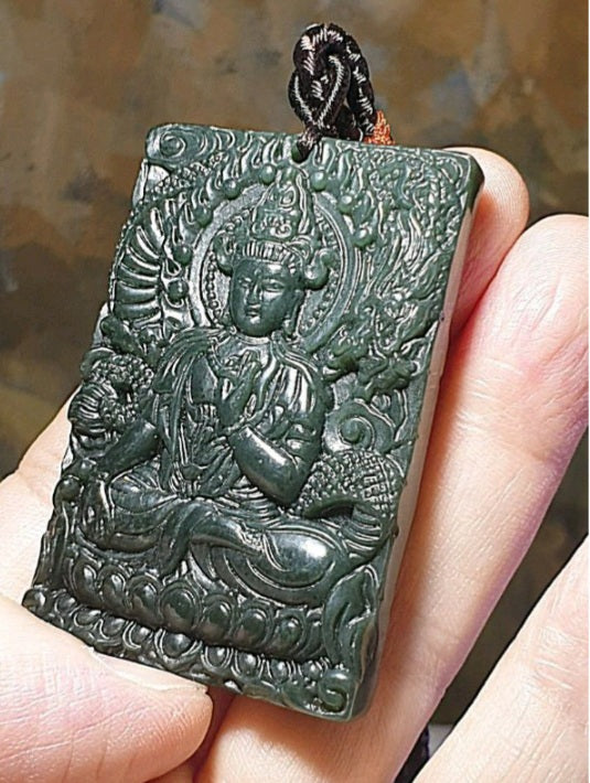 Natural deep greenish Nephrite Green Tara (Guan Yin) & a Dragon Jade pendant (with certificate) 和田玉青玉御龙观音(绿度母)吊坠(带证书)