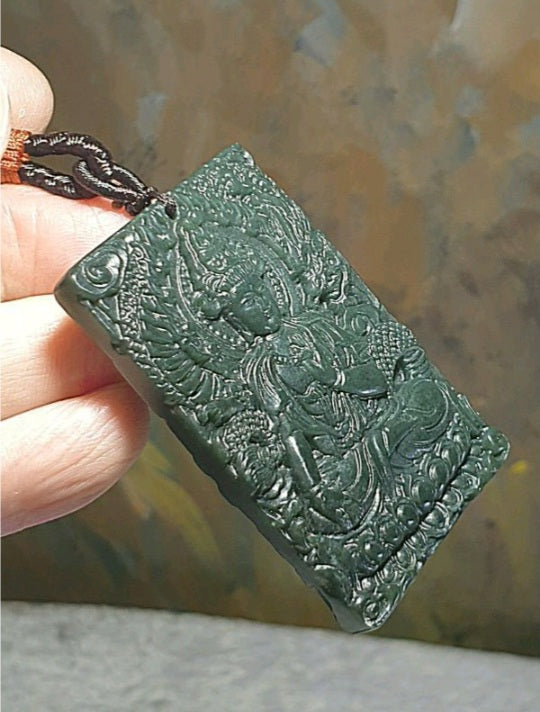 Natural deep greenish Nephrite Green Tara (Guan Yin) & a Dragon Jade pendant (with certificate) 和田玉青玉御龙观音(绿度母)吊坠(带证书)
