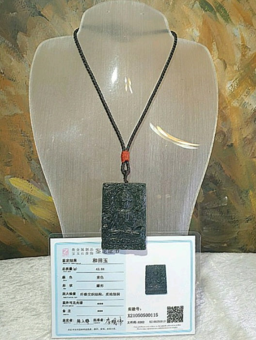 Natural deep greenish Nephrite Green Tara (Guan Yin) & a Dragon Jade pendant (with certificate) 和田玉青玉御龙观音(绿度母)吊坠(带证书)