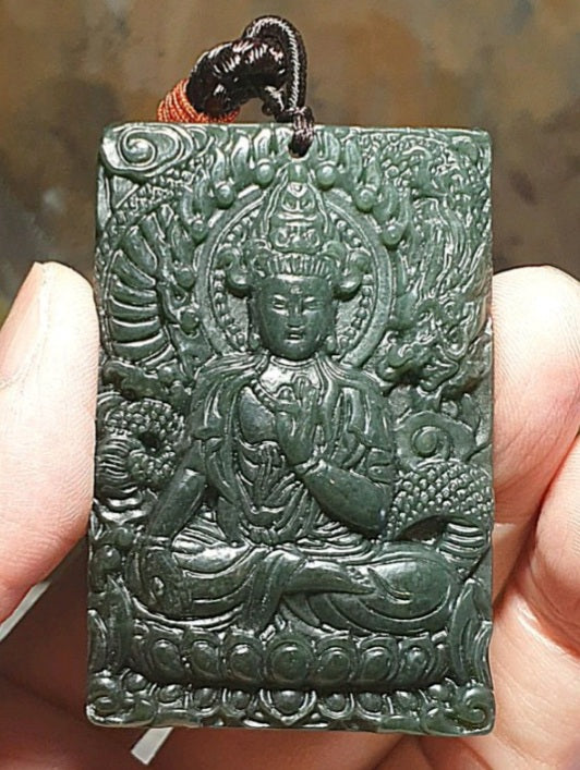 Natural deep greenish Nephrite Green Tara (Guan Yin) & a Dragon Jade pendant (with certificate) 和田玉青玉御龙观音(绿度母)吊坠(带证书)
