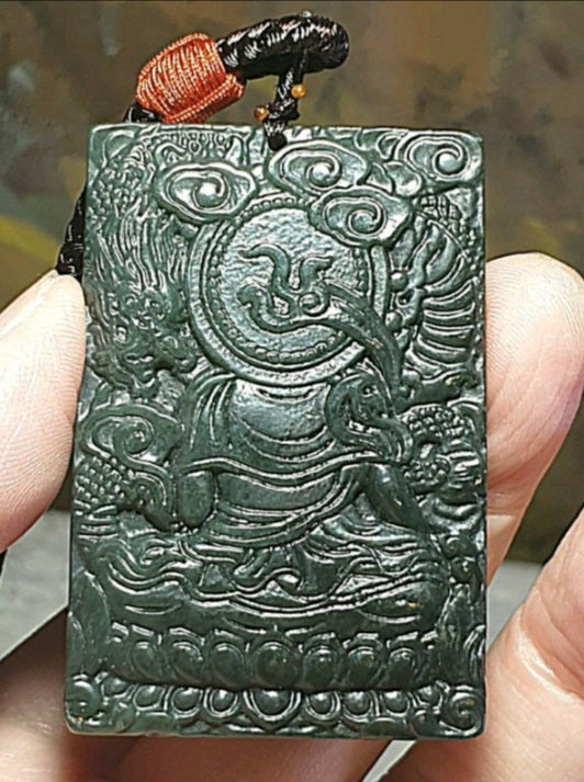 Natural deep greenish Nephrite Green Tara (Guan Yin) & a Dragon Jade pendant (with certificate) 和田玉青玉御龙观音(绿度母)吊坠(带证书)