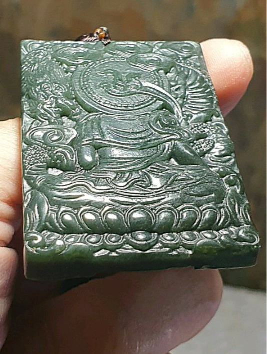 Natural deep greenish Nephrite Green Tara (Guan Yin) & a Dragon Jade pendant (with certificate) 和田玉青玉御龙观音(绿度母)吊坠(带证书)