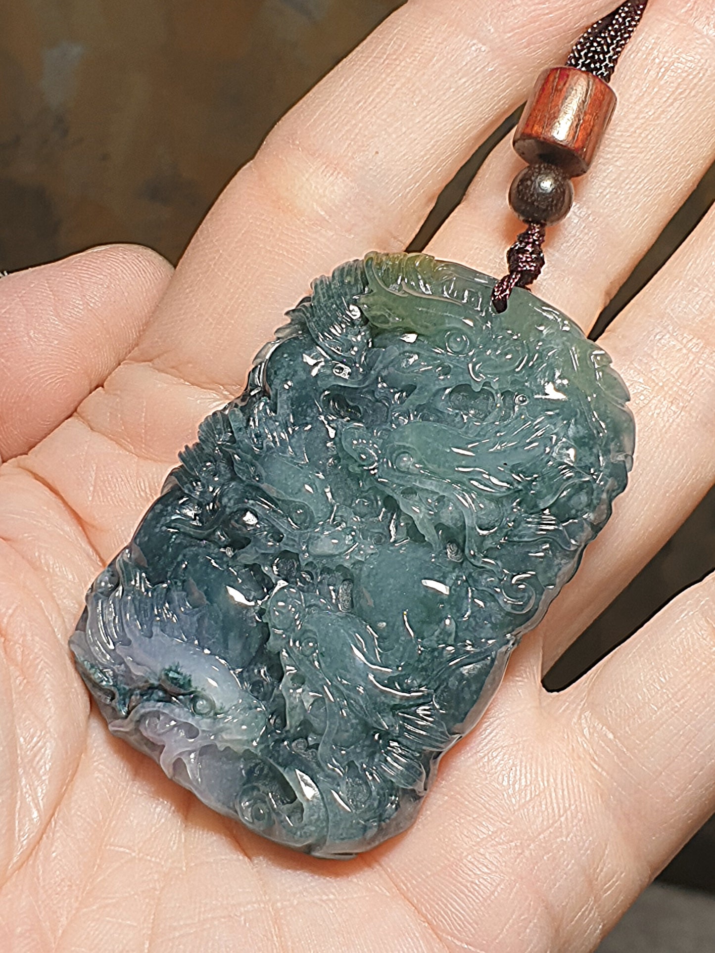 Type A Jadeite bluish green with Yellow Jadeite Nine Dragons (front 5, back 4) pendant (with certificate) 翡翠蓝绿带黄翡九龙(前五后四)吊坠(带证书)