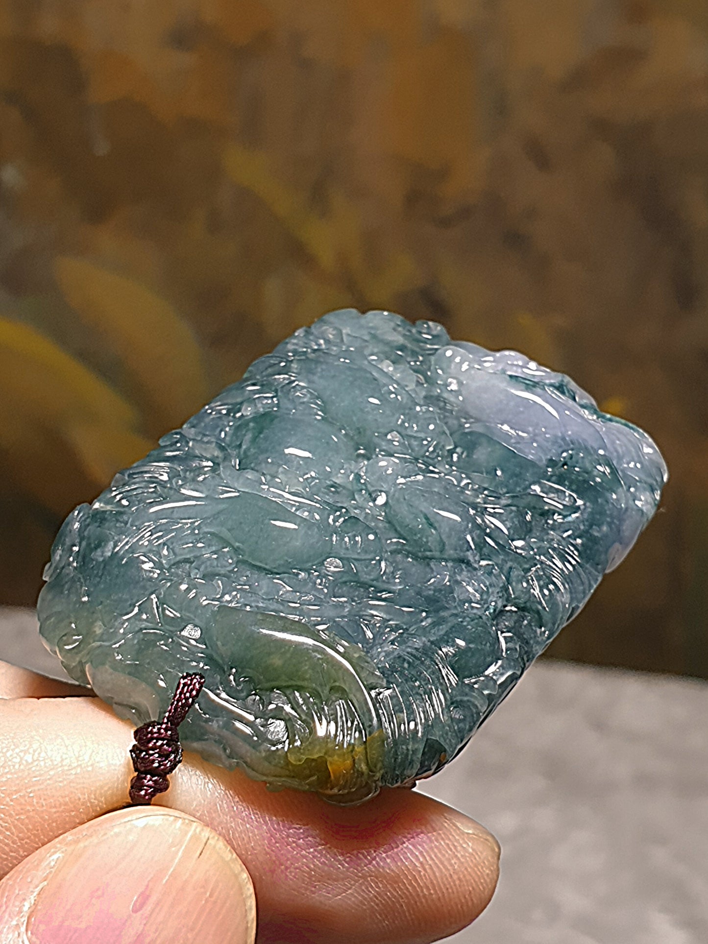Type A Jadeite bluish green with Yellow Jadeite Nine Dragons (front 5, back 4) pendant (with certificate) 翡翠蓝绿带黄翡九龙(前五后四)吊坠(带证书)