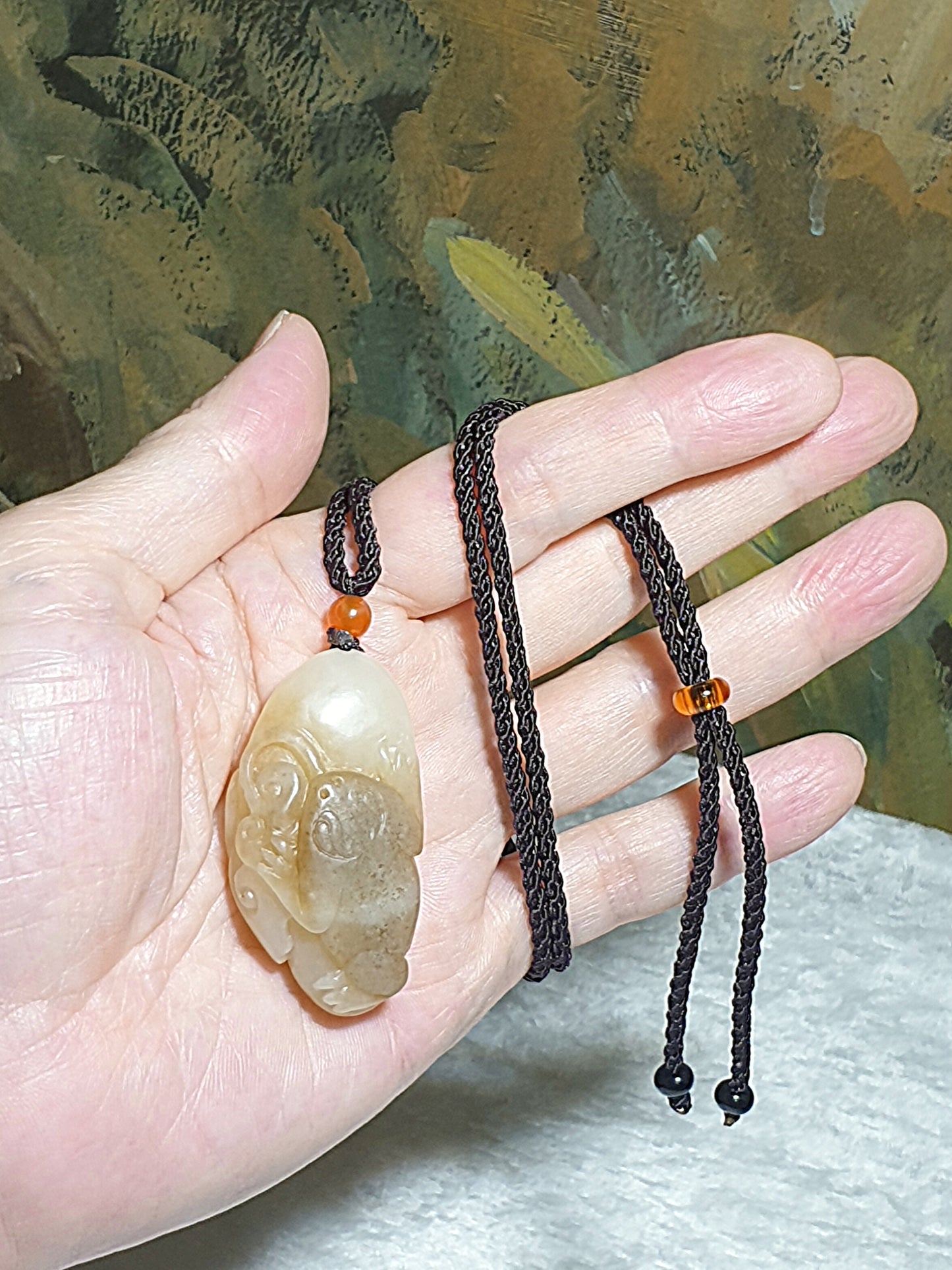 Premium Nephrite caramel brownish and warm whitish carved 3-Leg Toad (front), small Ruyi (next to the Toad) and a big Ruyi (back) Jade pendant (with certificate) 和田玉且末糖白三脚金蟾(前面)小如意(侧面)大如意(背面) 吊坠(带证书)