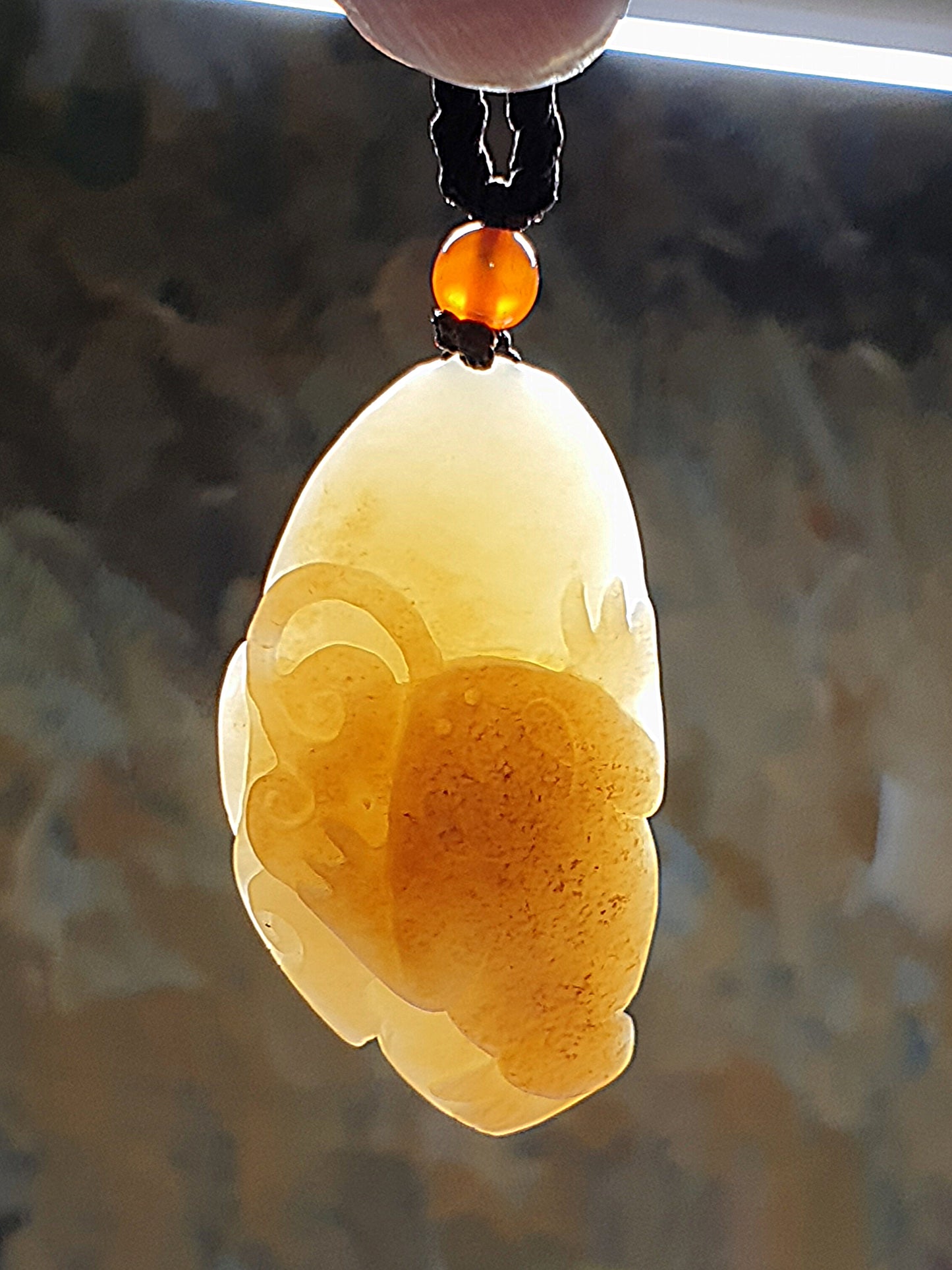 Premium Nephrite caramel brownish and warm whitish carved 3-Leg Toad (front), small Ruyi (next to the Toad) and a big Ruyi (back) Jade pendant (with certificate) 和田玉且末糖白三脚金蟾(前面)小如意(侧面)大如意(背面) 吊坠(带证书)