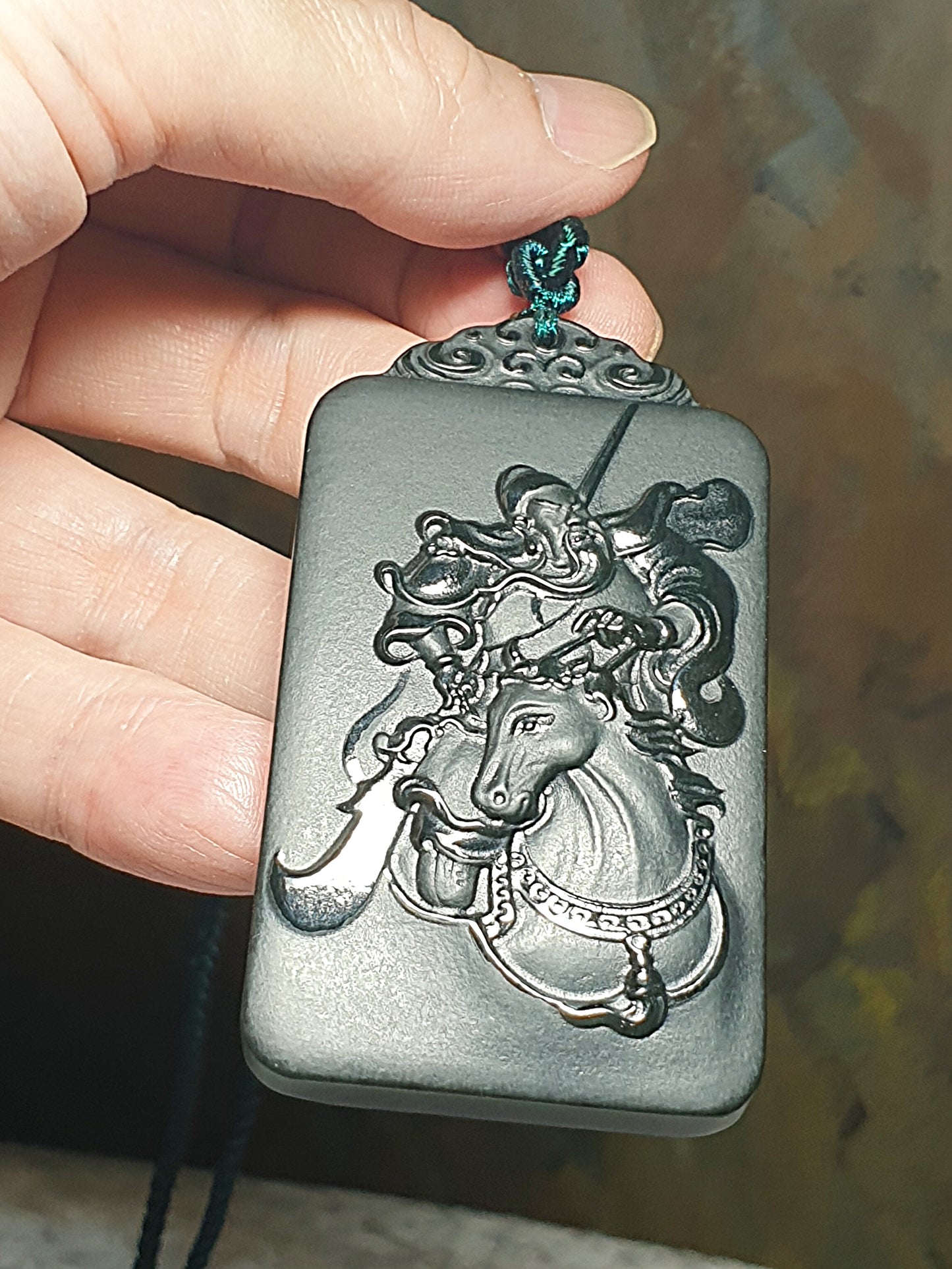 Premium natural deep green Nephrite double sides carvings Heroic Guan Gong (Guan Yu) on horse and Dragon pendant (with certificate) 和田玉塔青墨绿双面雕刻武财神关公飞龙在天吊坠(带证书) 英姿飒飒 战神过五关斩六将