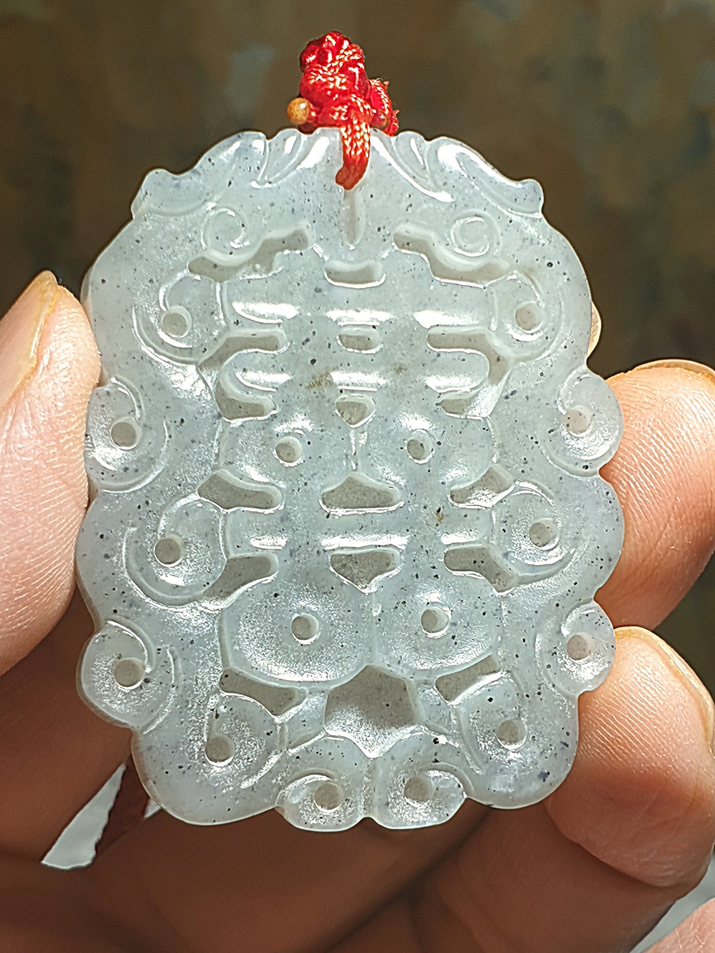 Premium Nephrite carved Dragon & Phoenix and Chinese character 囍 (Double Happiness) Jade pendant (with certificate) 和田玉青花龙凤囍(双喜)吊坠(带证书)