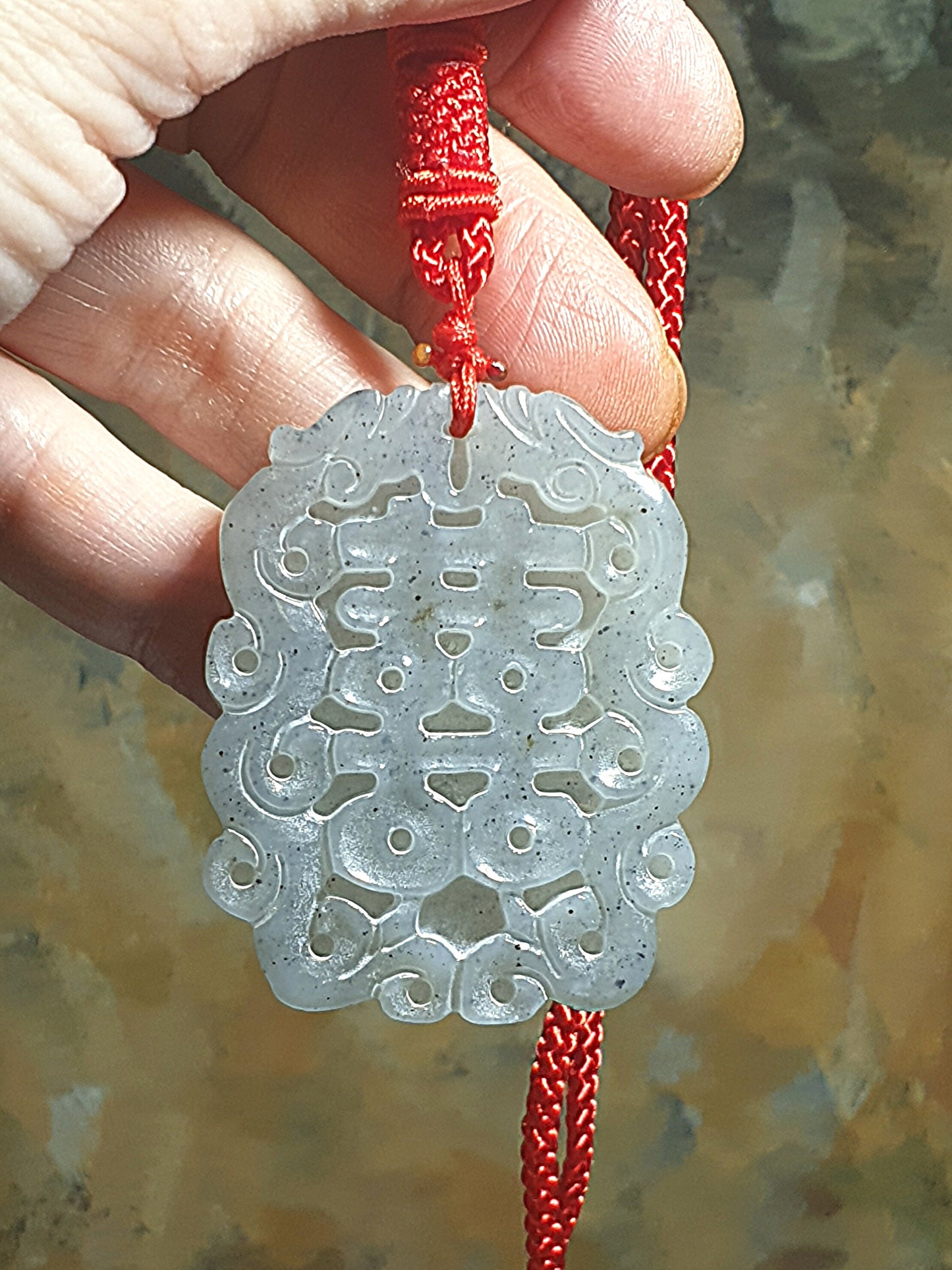 Premium Nephrite carved Dragon & Phoenix and Chinese character 囍 (Double Happiness) Jade pendant (with certificate) 和田玉青花龙凤囍(双喜)吊坠(带证书)