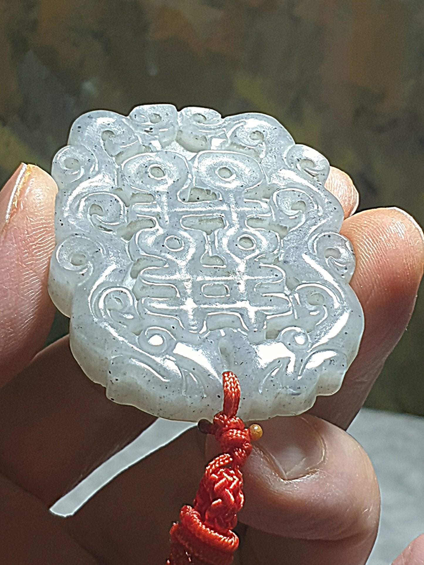 Premium Nephrite carved Dragon & Phoenix and Chinese character 囍 (Double Happiness) Jade pendant (with certificate) 和田玉青花龙凤囍(双喜)吊坠(带证书)