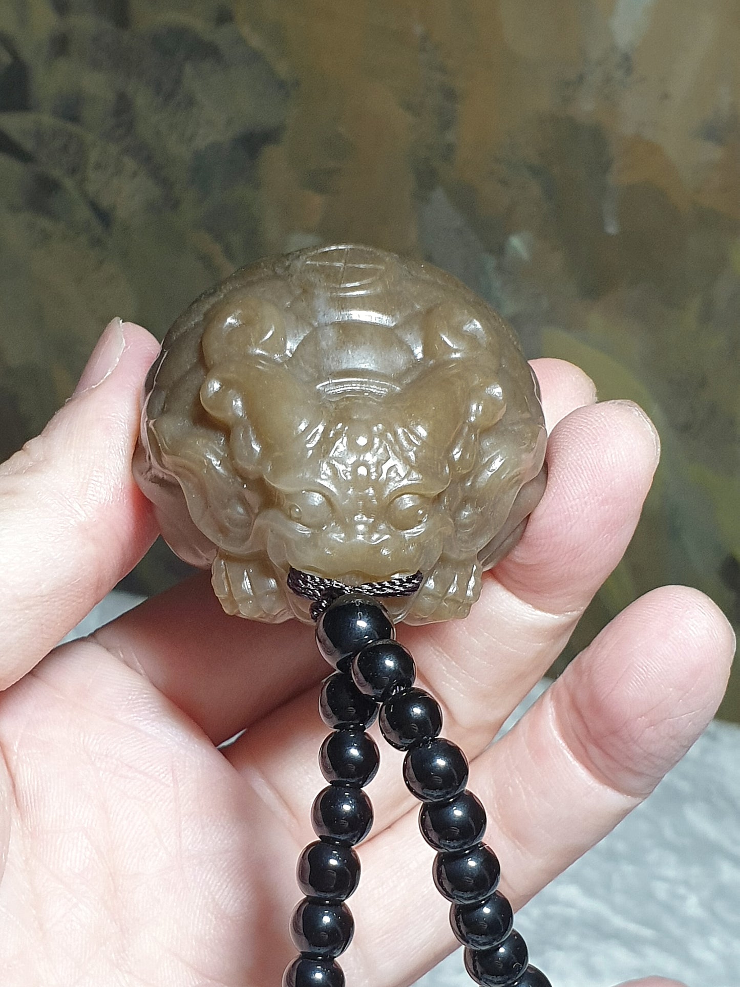 130 grams large size premium Nephrite old yellowish caramel brown hand carved Dragon-Tortoise Jade handheld/display (with certificate) 130克大尺寸和田玉且末老黄糖全手工雕刻龙龟手把/摆件/茶宠(带证书)